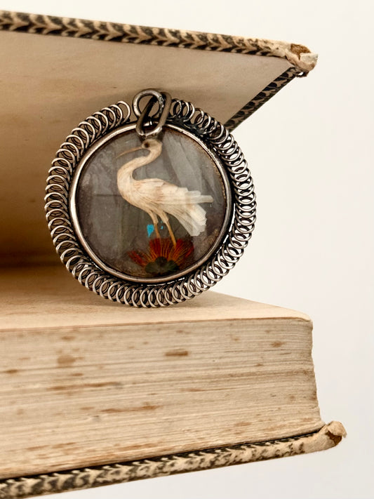 .1900s .1920s antique art fine feathered art exotic bird double sided silver locket pendant