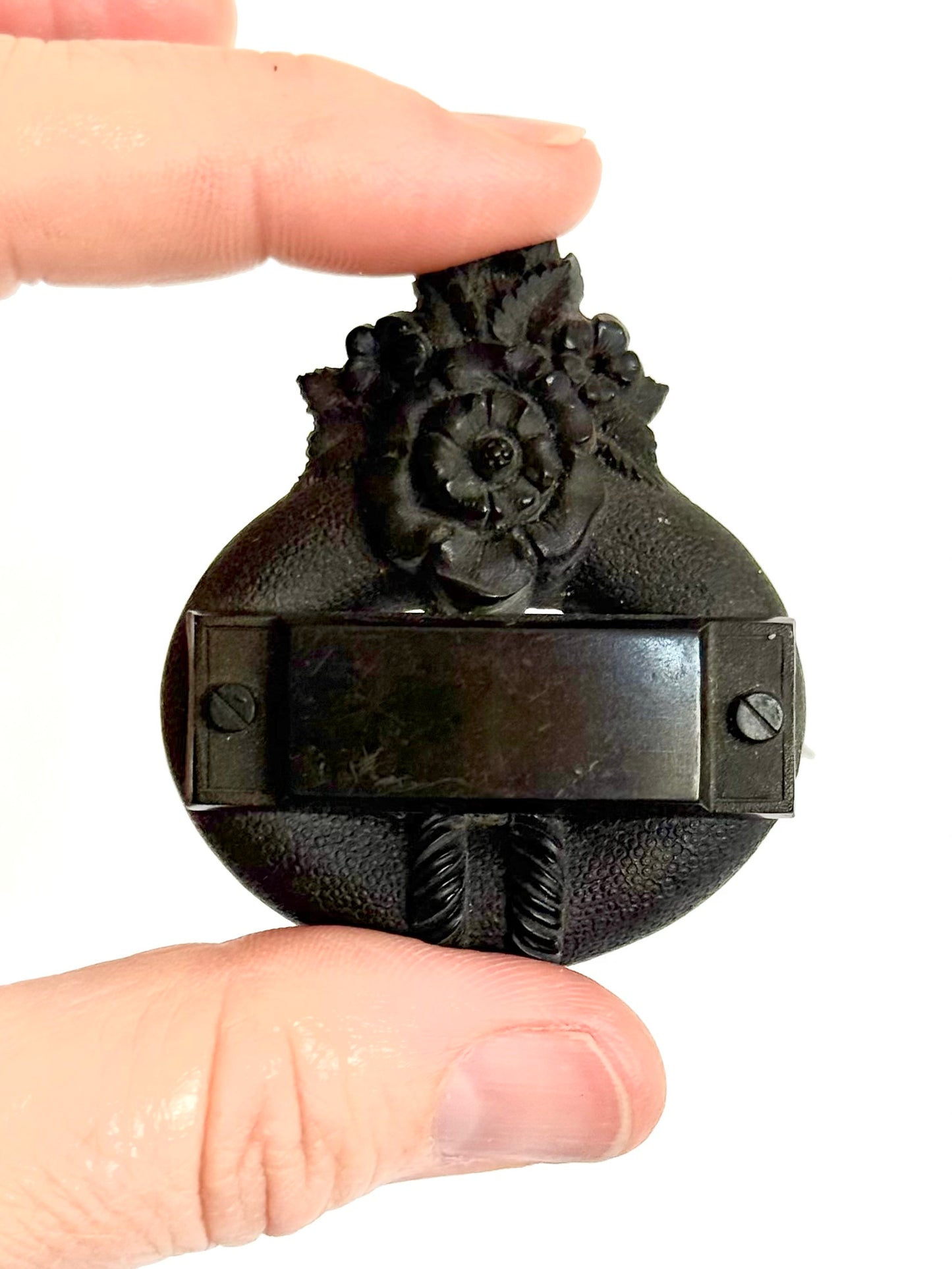 .1860s .1890s antique Bog Oak Victorian floral and garter historic Mourning brooch