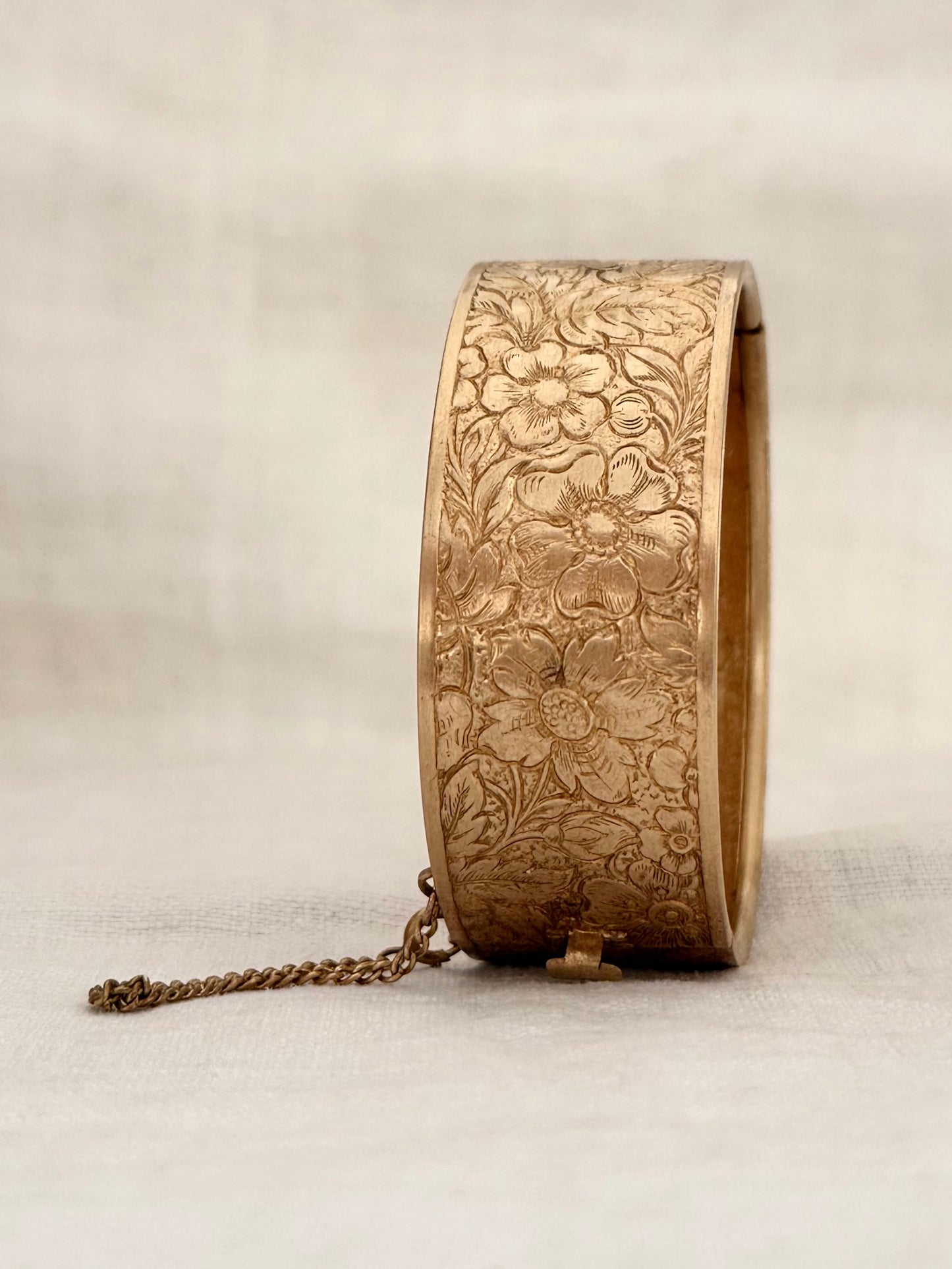 .1900s .1940s Victorian revival Dog Rose floral flower hand engraved gold plated brass romantic clasp bangle
