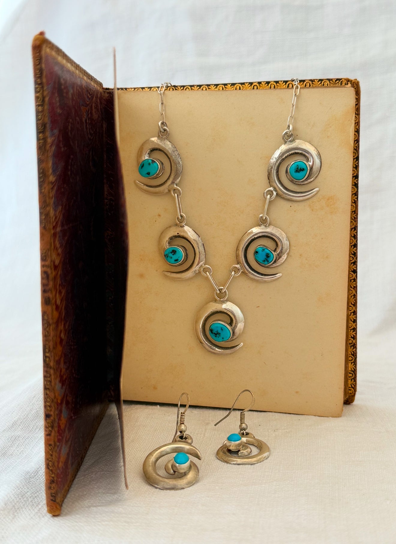 .1970s .925 artisan made designer Navajo silversmith turquoise silver swirl pattern necklace and designer Mildred Parkhurst earring set