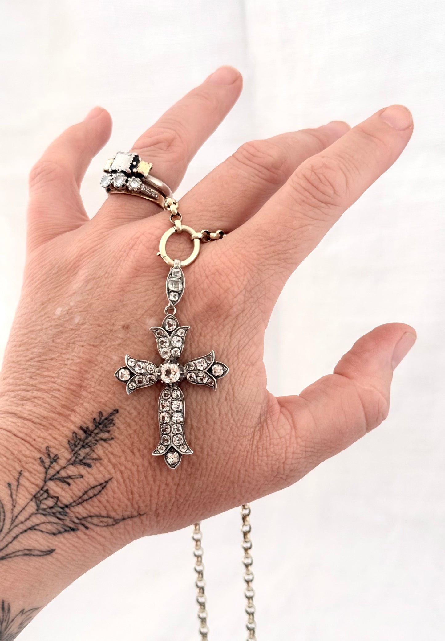 .1860s .1870s antique French silver collectors treasure Fleur de Lis Rock Crystal cross pendant