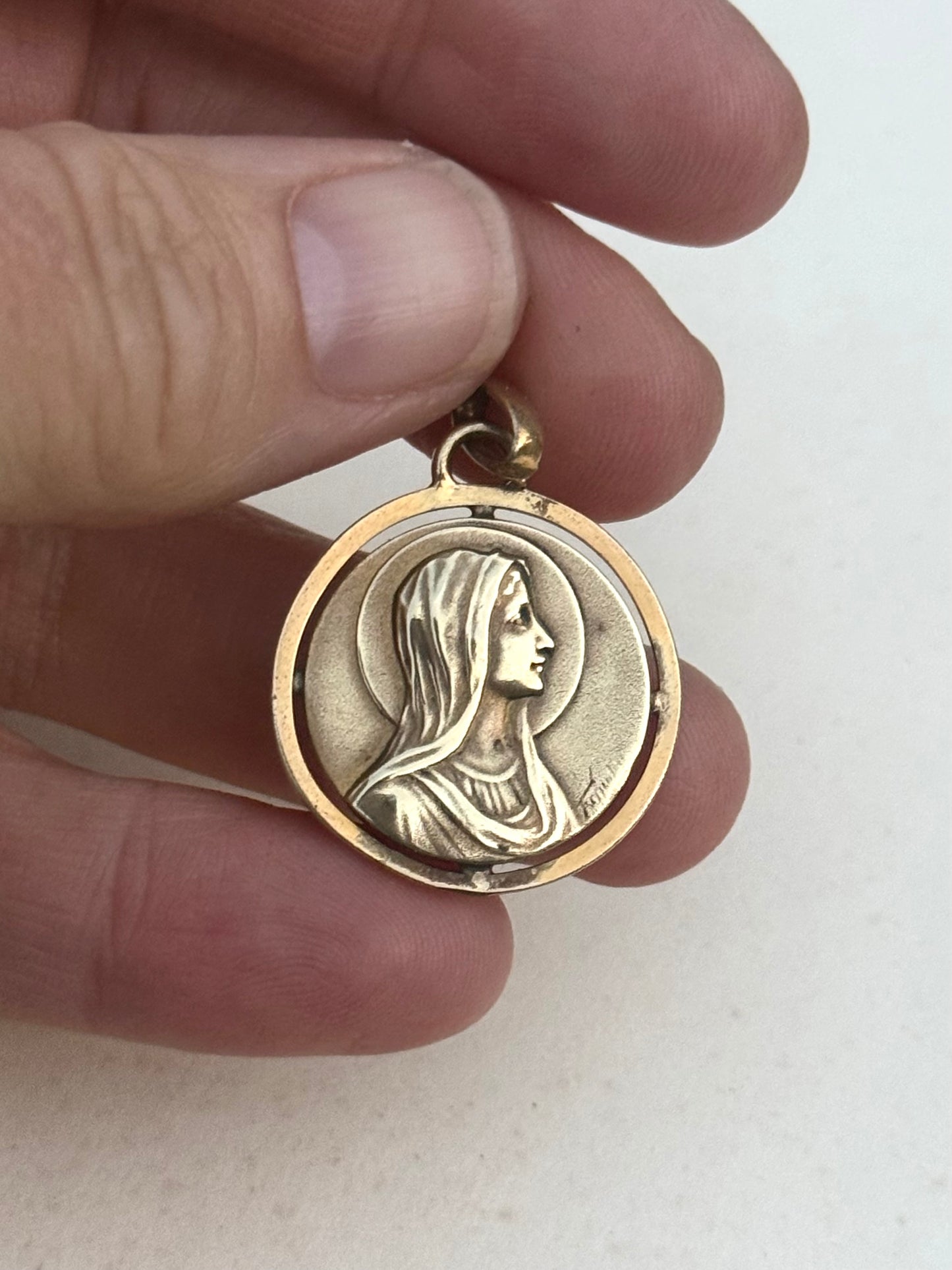 1900s .1930s Gold Fill Religious Holy Virgin Mother Maria French Lourdes Roman Catholic signed medallion token pendant