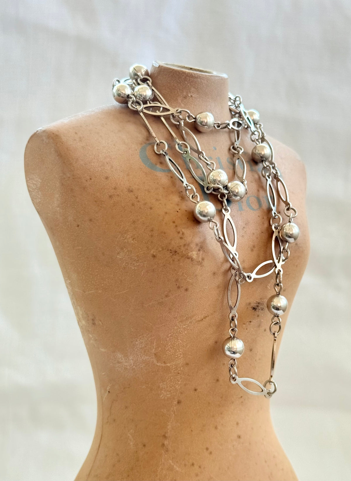 .1960s .1970s .89cm long .925 vintage fancy ball and navette oval form long silver fancy link chain necklace