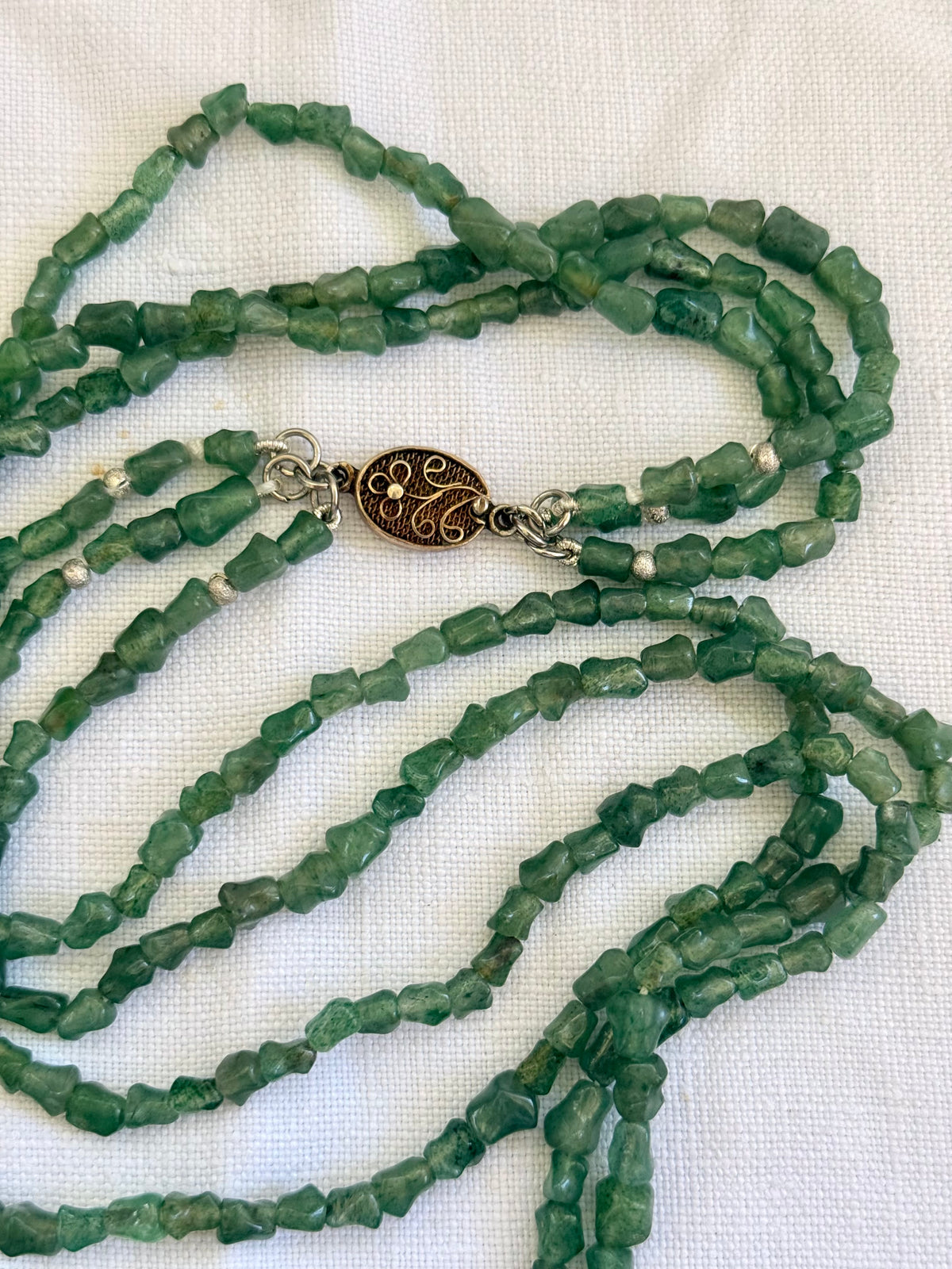 .1920s .1930s .1940s Chinese Aventurine “old Jade” Multi strand hand carved silver bamboo link export silver box clasp collectors necklace