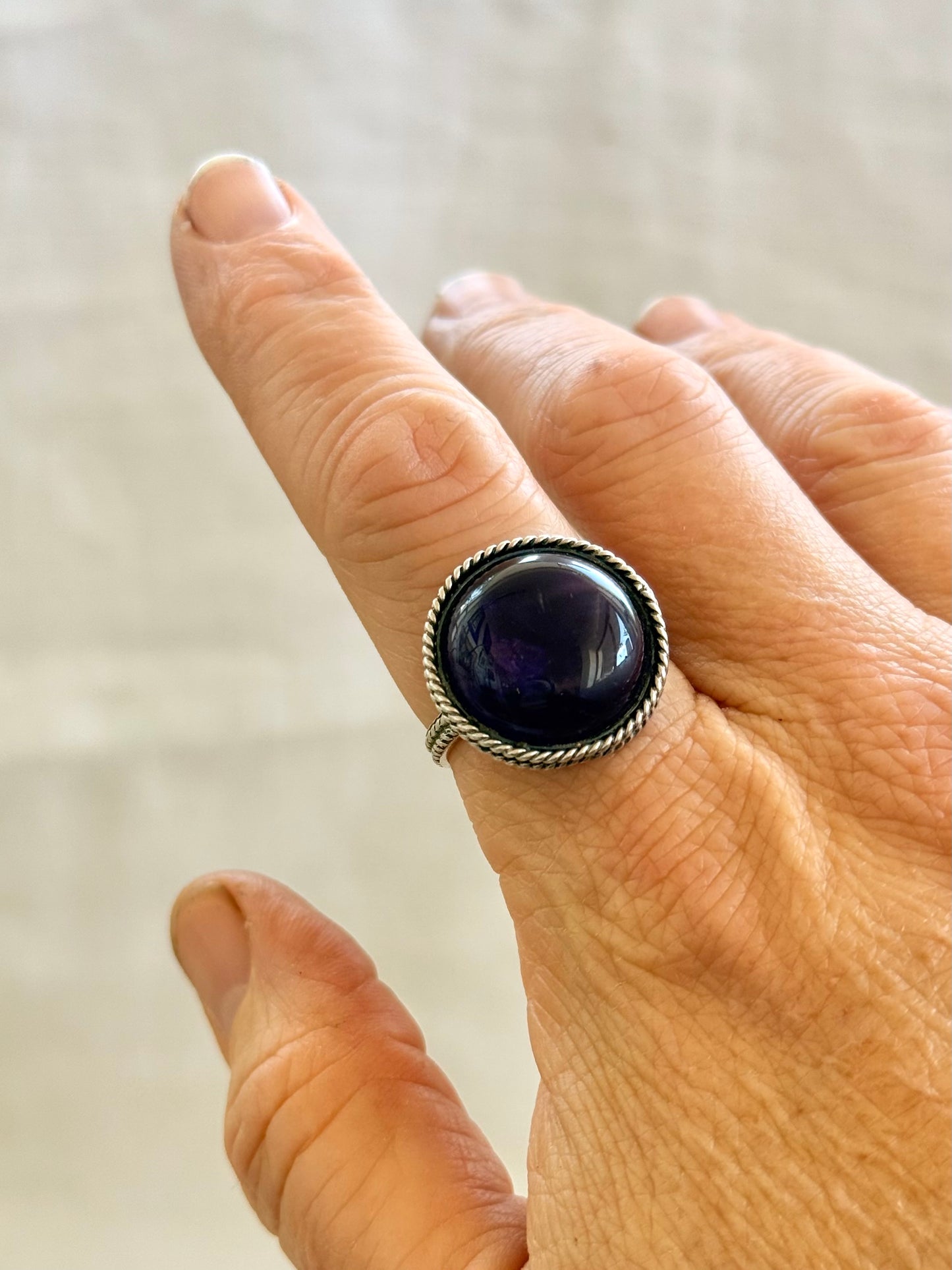 .925 Amethyst cabochon artisan made February birthstone hand crafted large traditional silver craftsman sterling silver statement ring