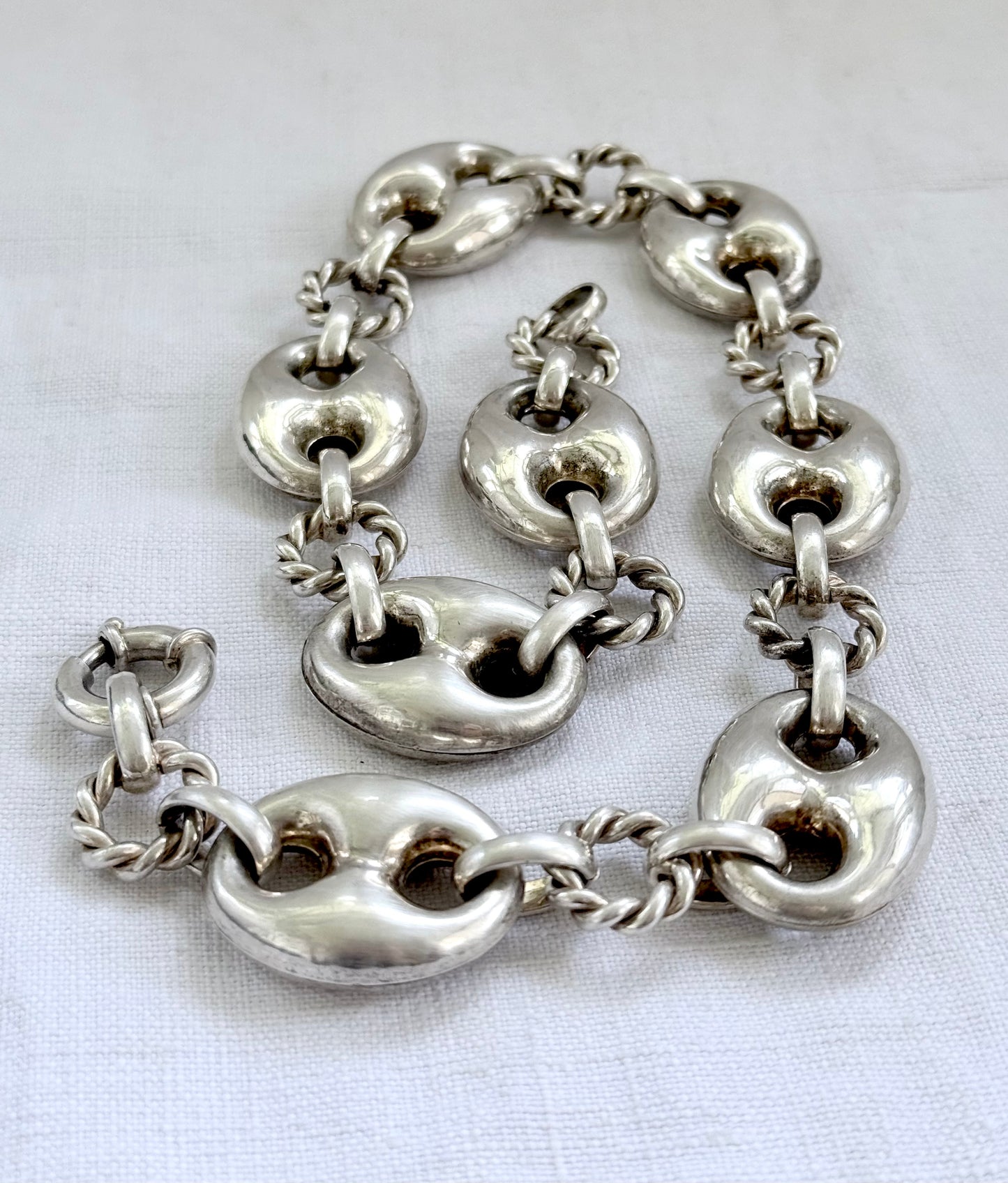 .1980s .1990s .925 Super Sized Chunky extra puffy gucci link mariners link sterling silver fancy twist link modernist oversized necklace