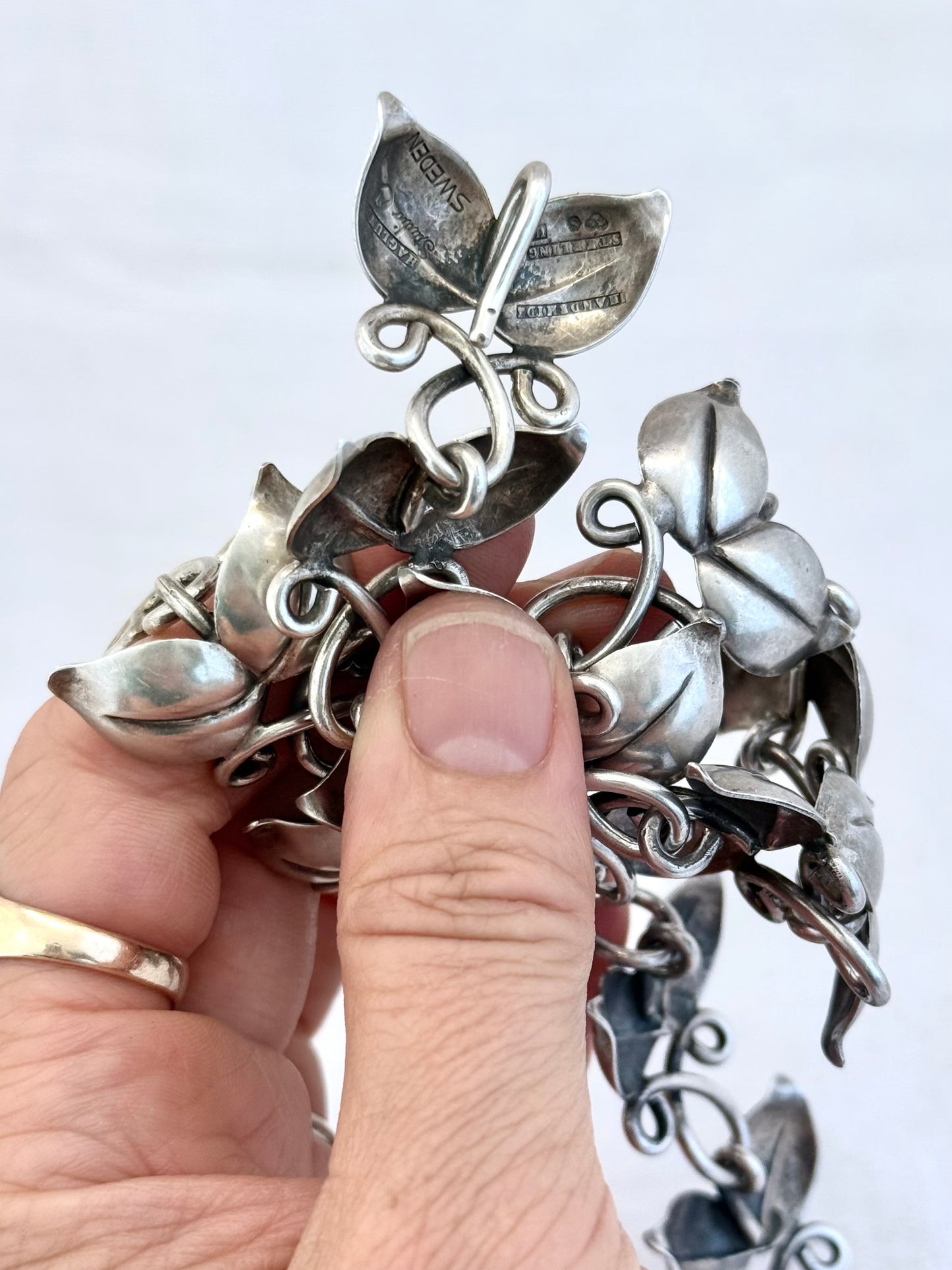 .1946 .925 designer mid century modern double leaf solid sterling silver modernist Scandinavian Swedish Haglund designer heirloom statement necklace