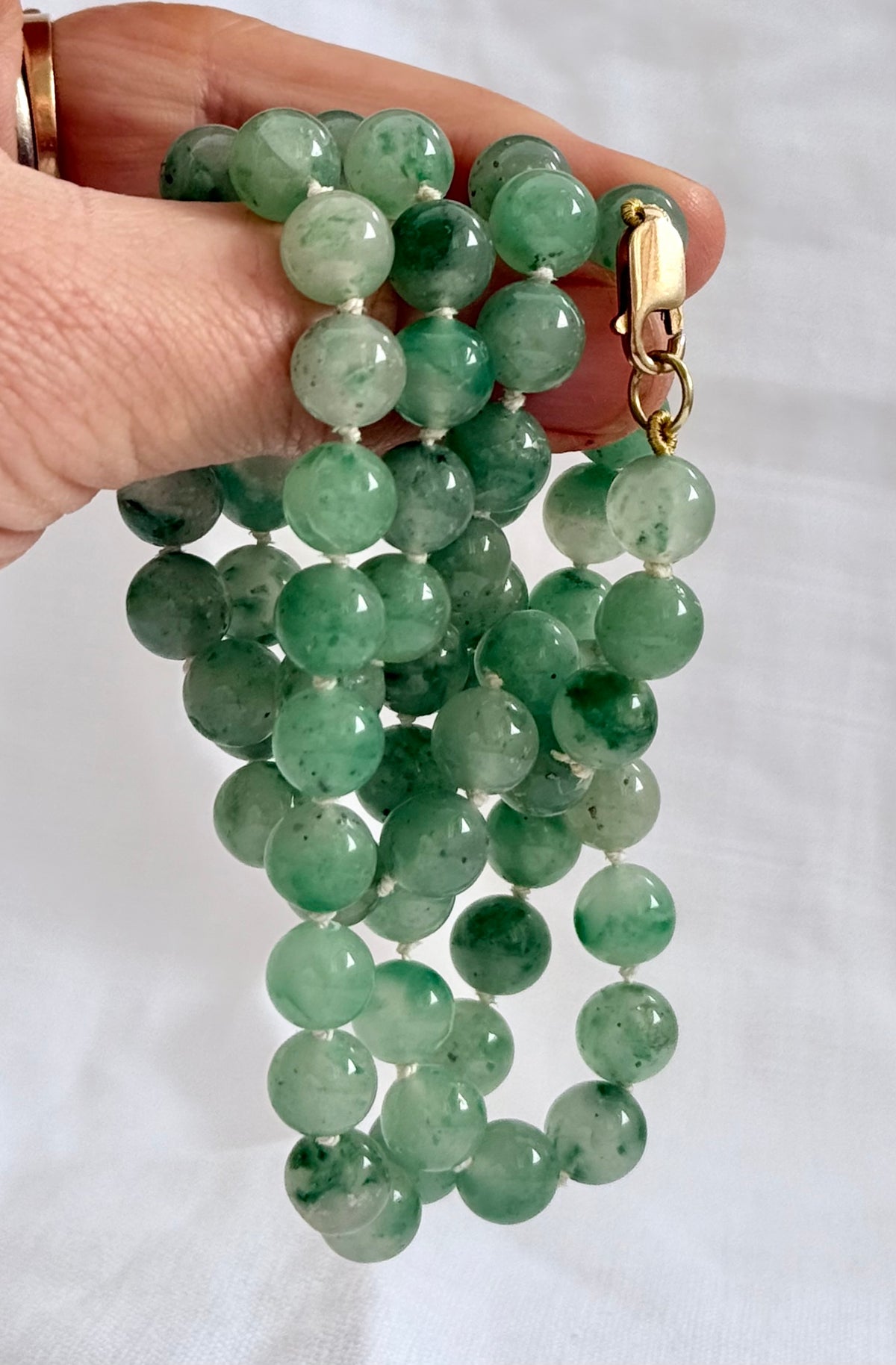 .375 .9ct gold and natural Aventurine “old Jade” long luxurious gemstone bead necklace