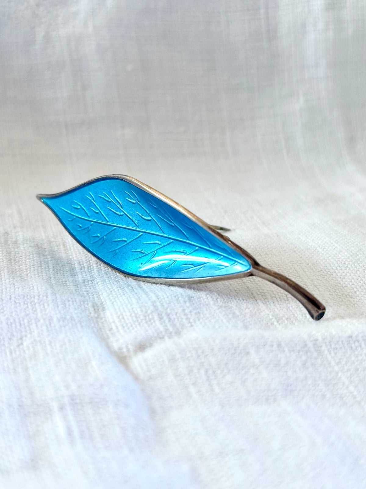 1950s .925 designer David Andersen fine sterling silver designer collectors sky blue enamel leaf brooch