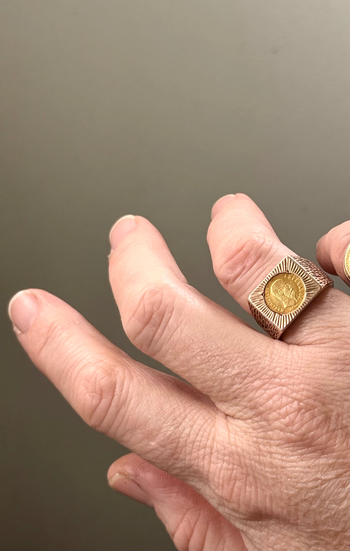 .1960s circa .1865 .375 .9ct gold modernist coin token ring with 22k Mexican circa 1865 high carat gold Emperor Maximiliano collectors coin token