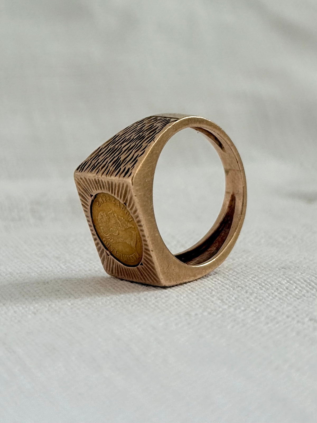 .1960s circa .1865 .375 .9ct gold modernist coin token ring with 22k Mexican circa 1865 high carat gold Emperor Maximiliano collectors coin token