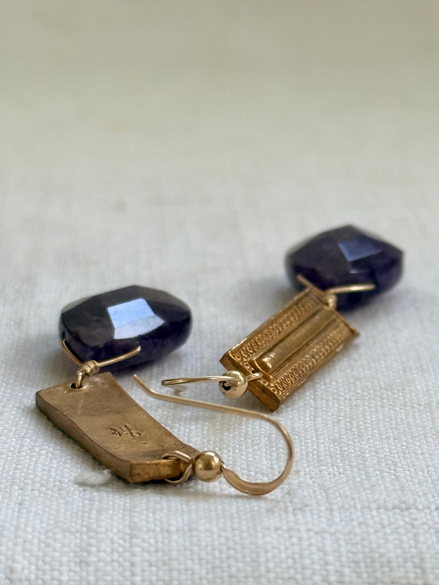 .14k gold Amethyst gemstone Briolette teardrop gold plated artisan made boho drop dangle earrings