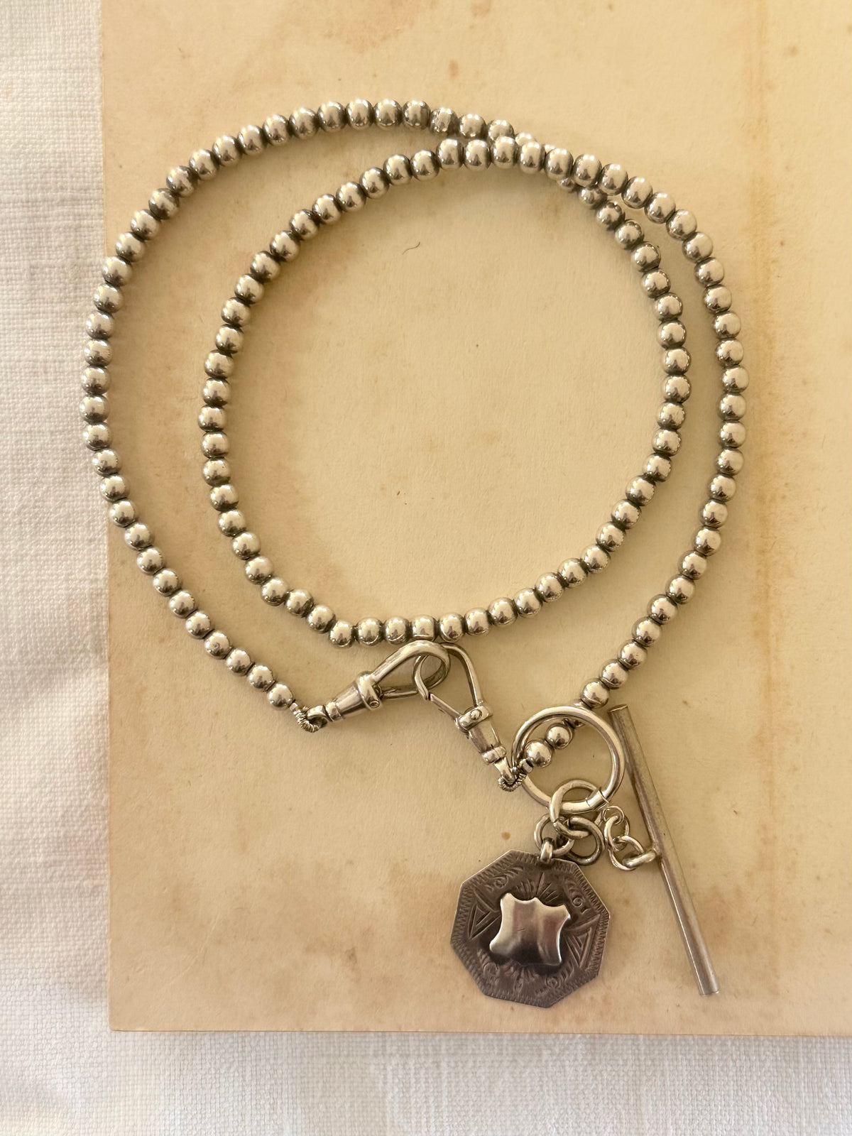 .925 antique revival modernist sterling silver bead chain fob chain t-bar medallion toggle chain necklace