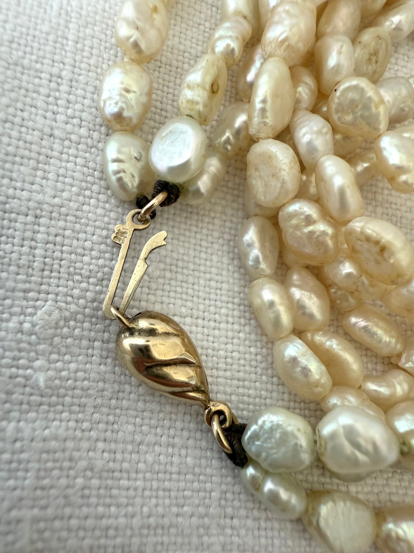 .375 3 strand freshwater rice pearl multi strand vintage 1930s style pearl necklace with precious 9k gold slider clasp
