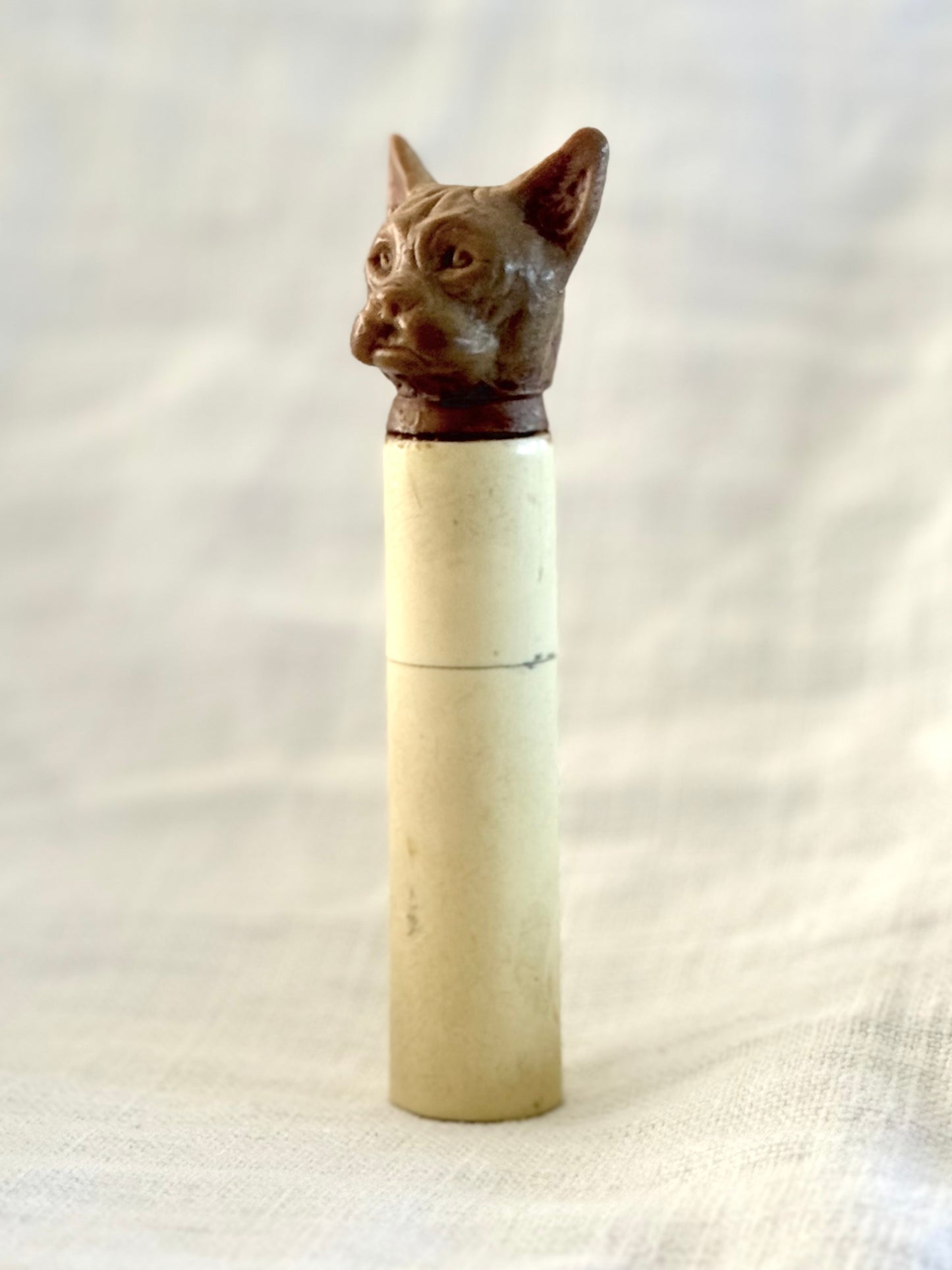 .1920s .1930s Art Deco rare hand carved French Bull Dog bakelite novelty perfume holder figural dog figurine case