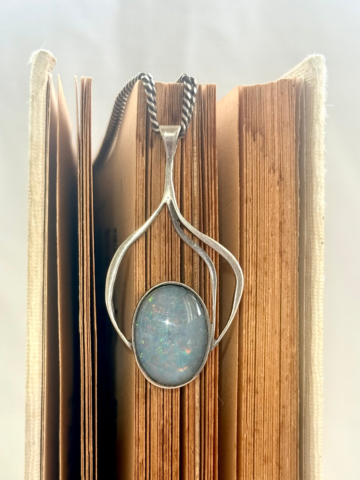 .1970s .925 modernist Blue Galaxy Opal gemstone pendant on solid retro flat curb chain necklace