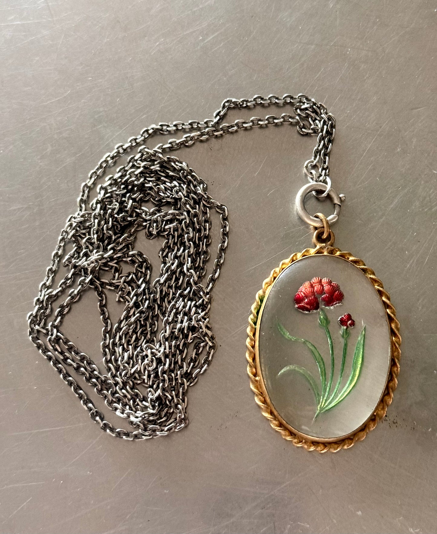 .1900s .1920s antique artisan reverse glass Carnation flower hand painted floral glass cabochon pendant