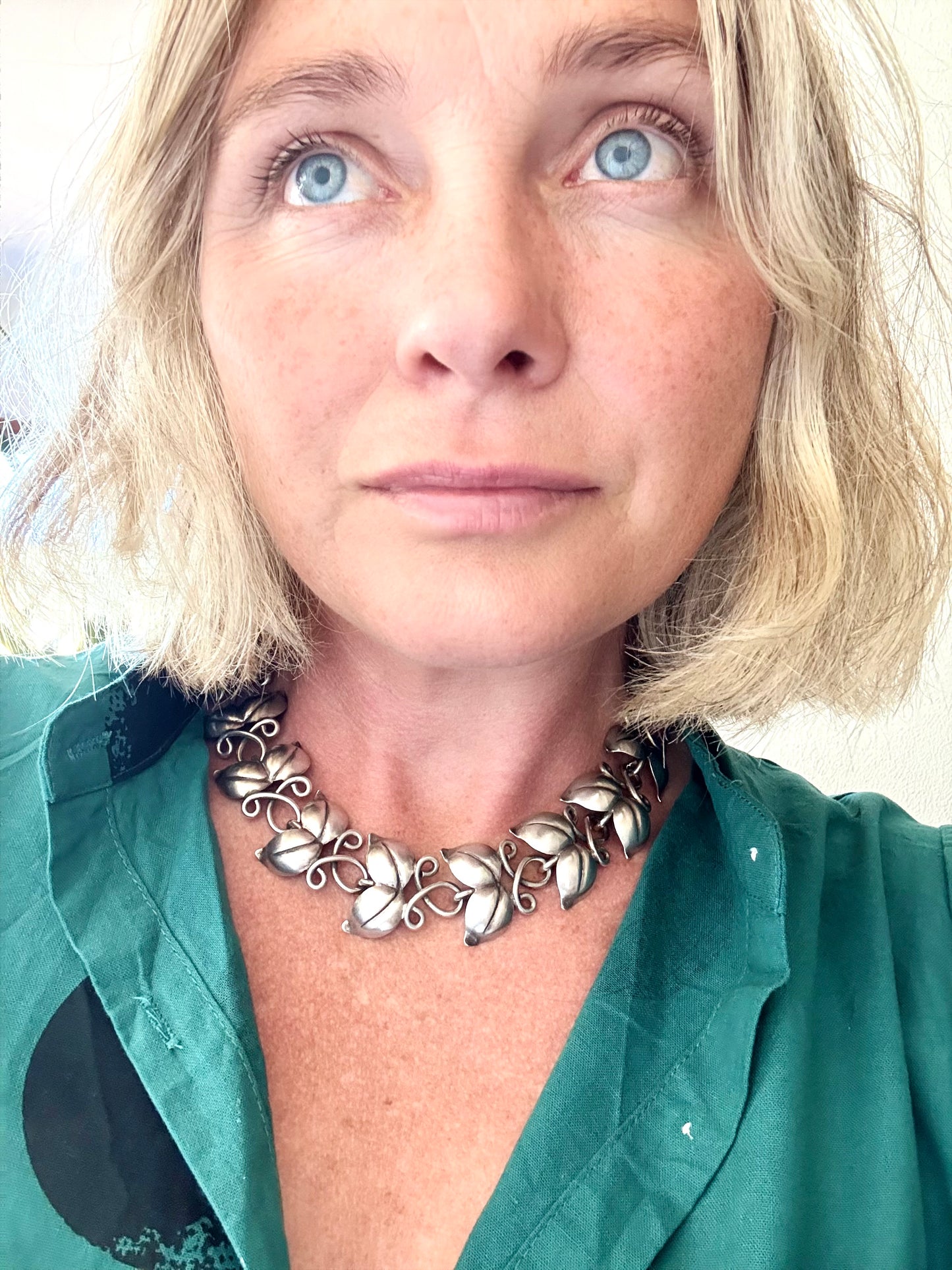 .1946 .925 designer mid century modern double leaf solid sterling silver modernist Scandinavian Swedish Haglund designer heirloom statement necklace