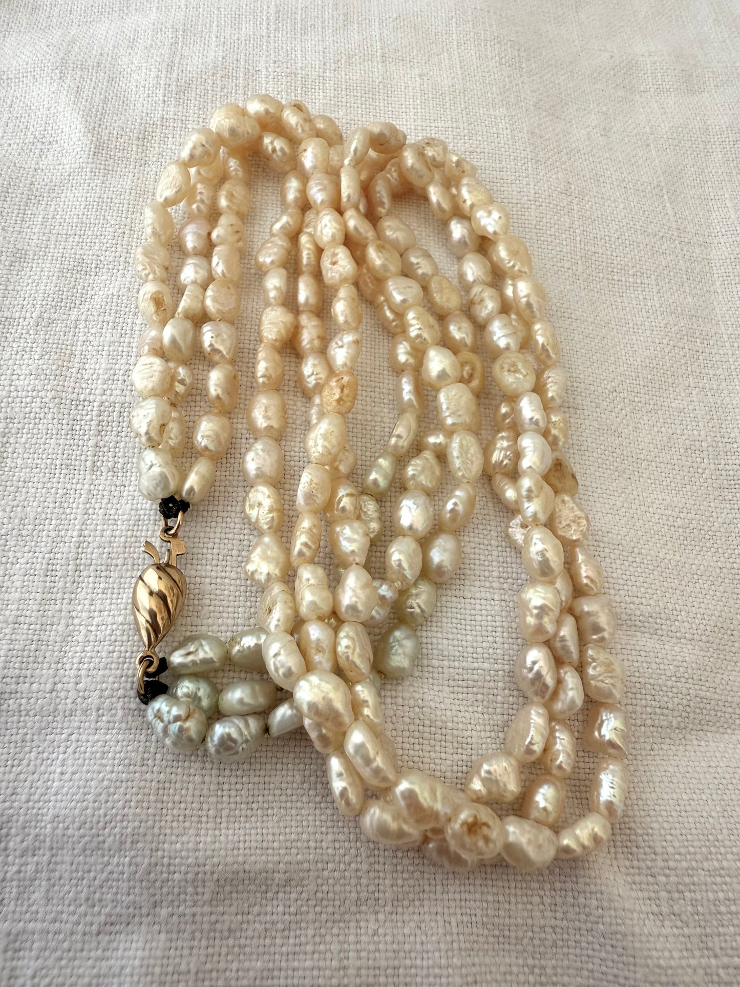 .375 3 strand freshwater rice pearl multi strand vintage 1930s style pearl necklace with precious 9k gold slider clasp