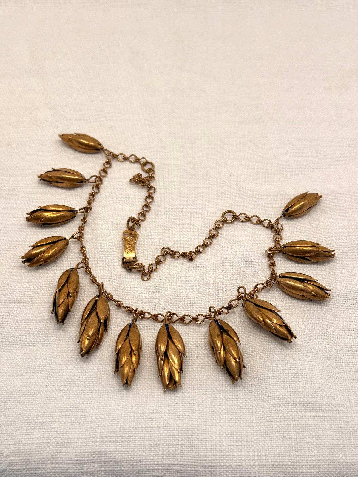 .1940s arts and crafts bronze flower pod seed pod fancy link dangle chocker chain Scandinavian necklace