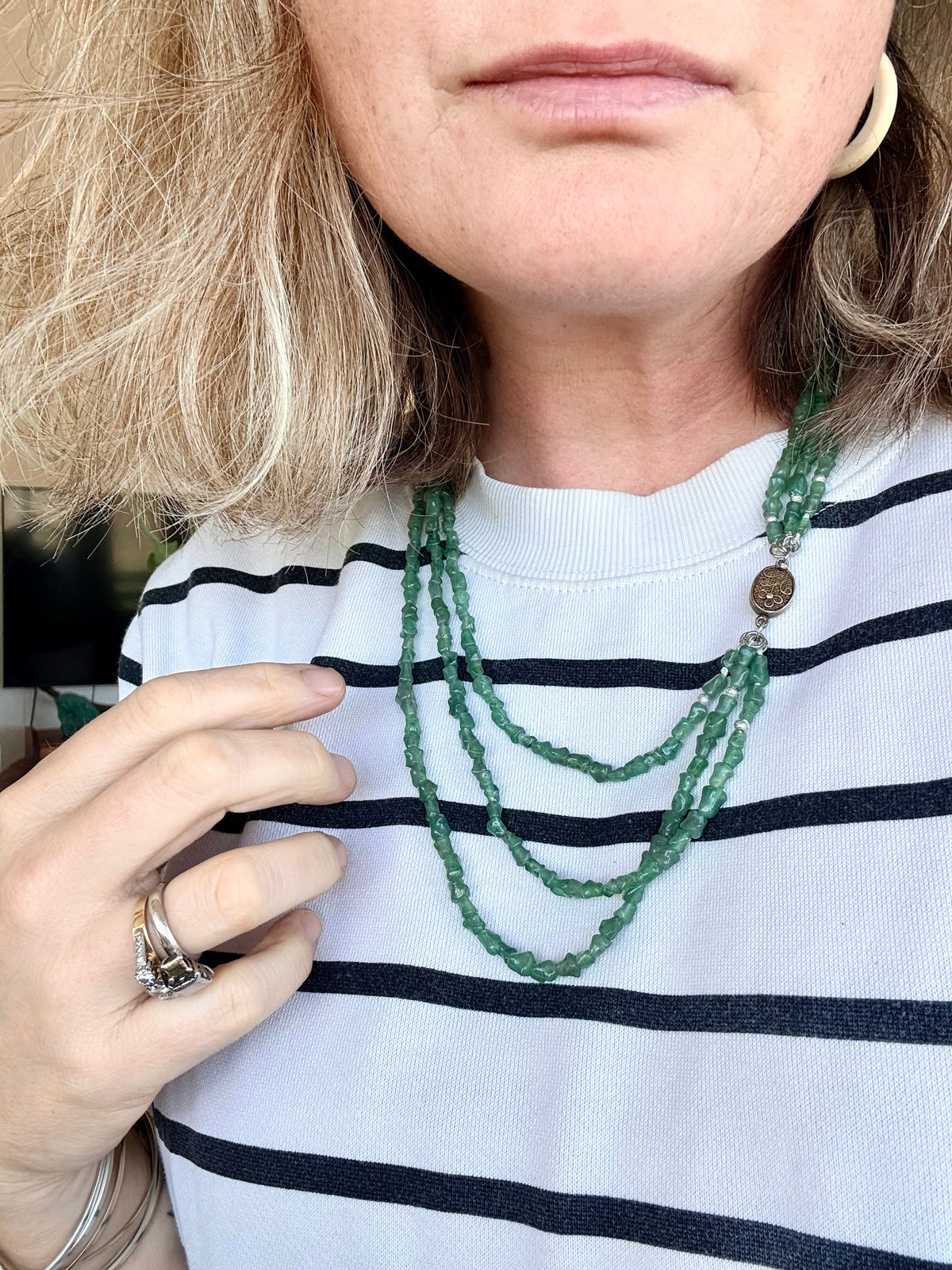 .1920s .1930s .1940s Chinese Aventurine “old Jade” Multi strand hand carved silver bamboo link export silver box clasp collectors necklace