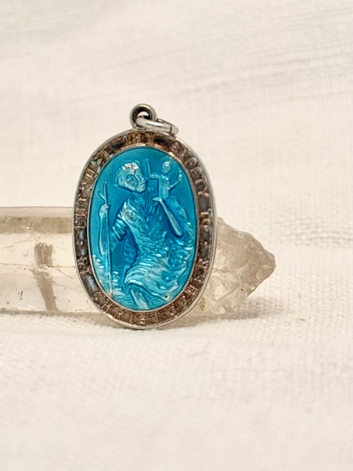 .1970s .925 Georg Jensen designer blue enamel Saint Christopher vintage religious treasured sterling silver token pendant