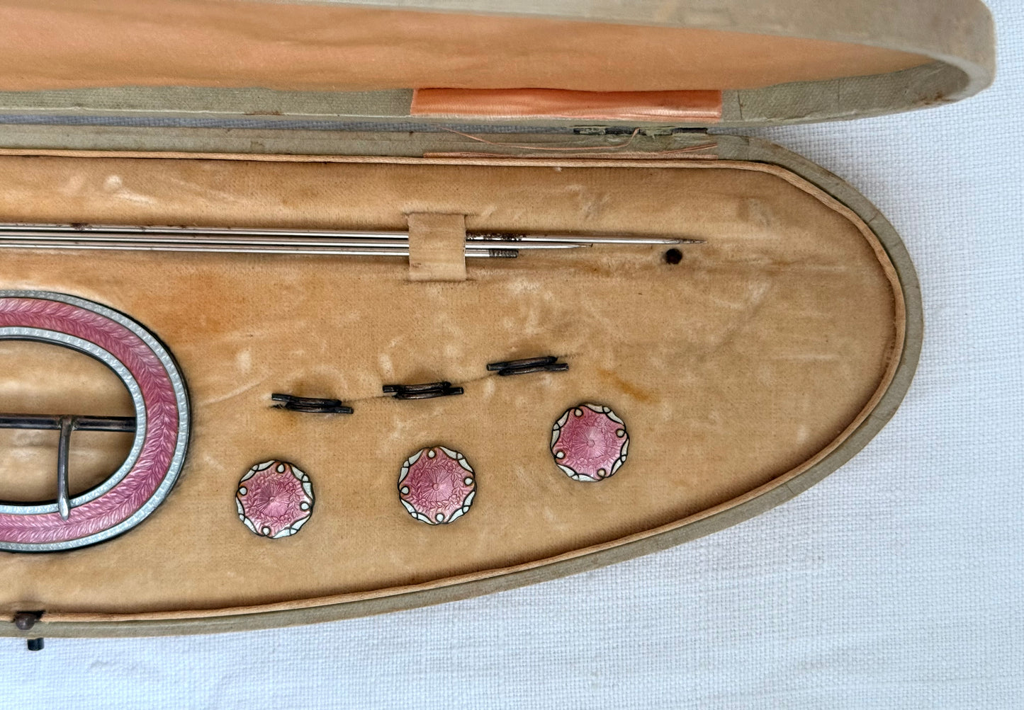 .1912 .925 antique rare collectors pink white enamel Birmingham hallmarked sterling silver Edwardian cased buckle and button and hat pin original boxed set