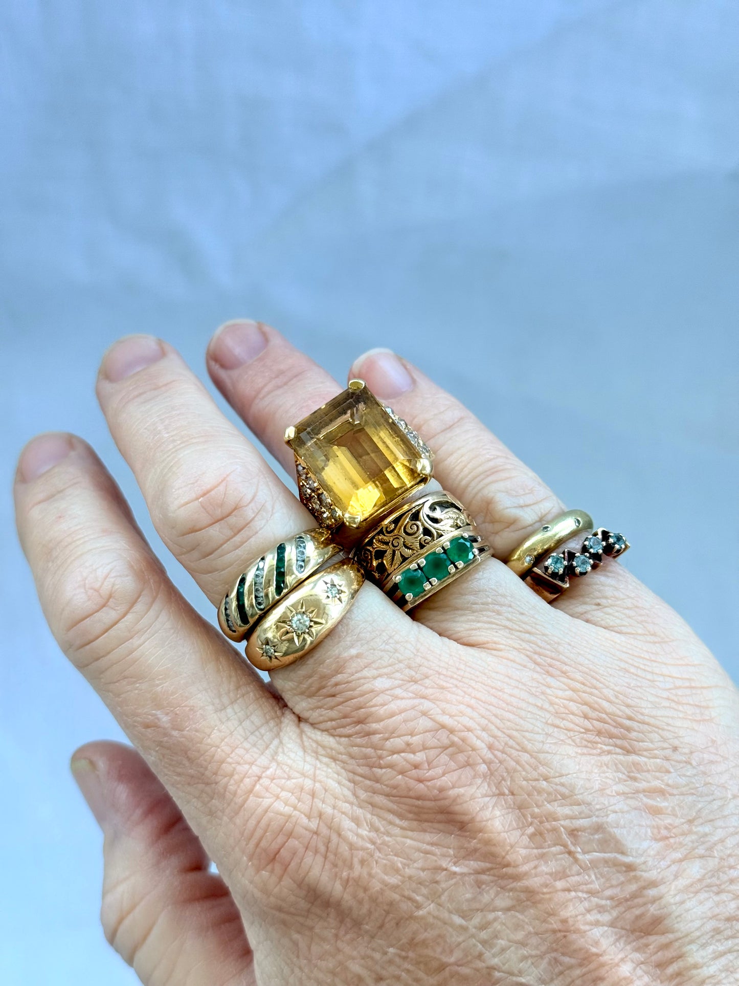 .1894 .18ct .3 diamond Birmingham circa 1894 fancy three star starburst diamond gypsy band high carat gold Victorian engagement wedding commitment ring