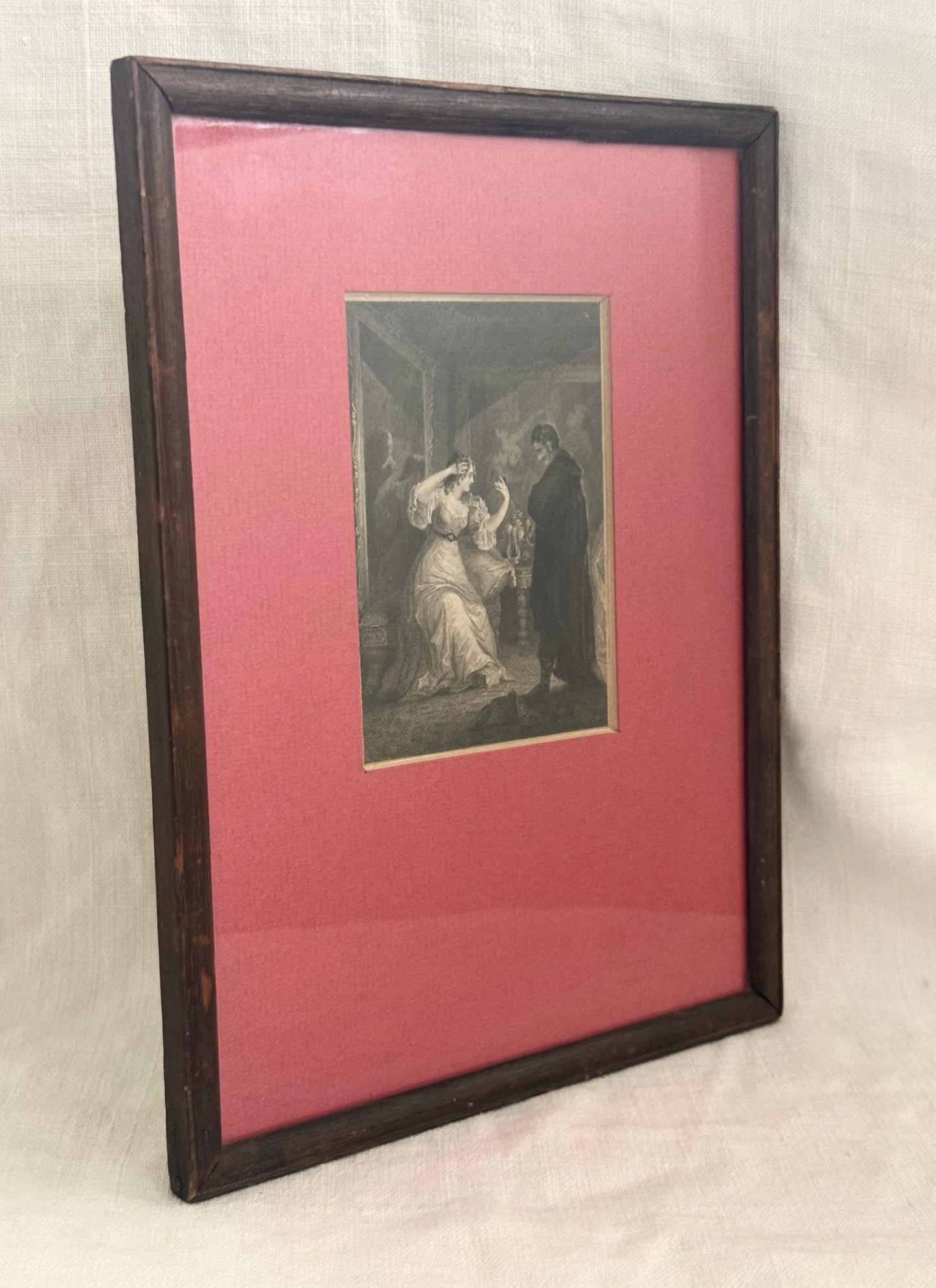 .1800s .1850s antique bookplate steel engraving framed Romantic Gothic literature scene depiction