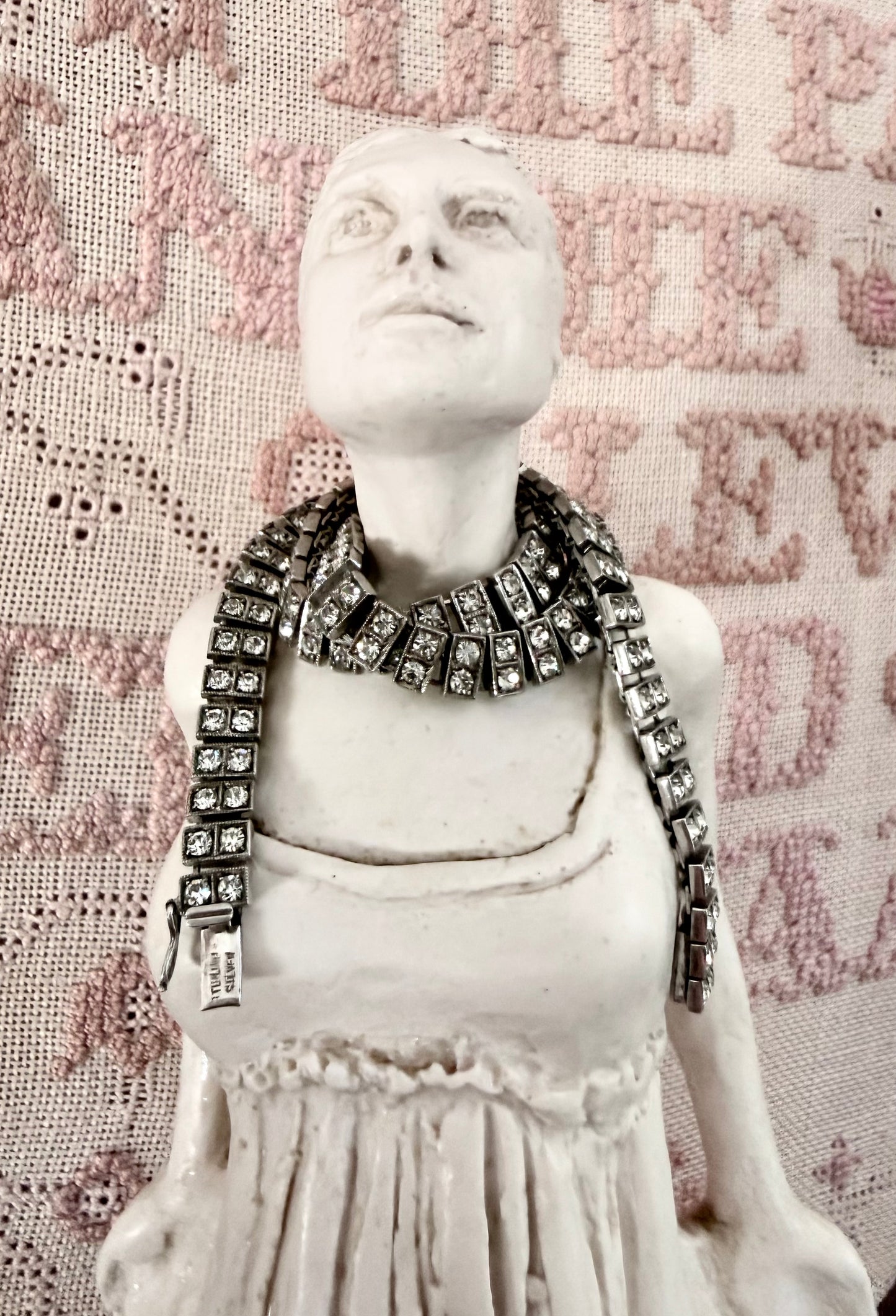 .1930s .1940s .925 Art Deco style double paste stone tennis style sterling silver choker necklace