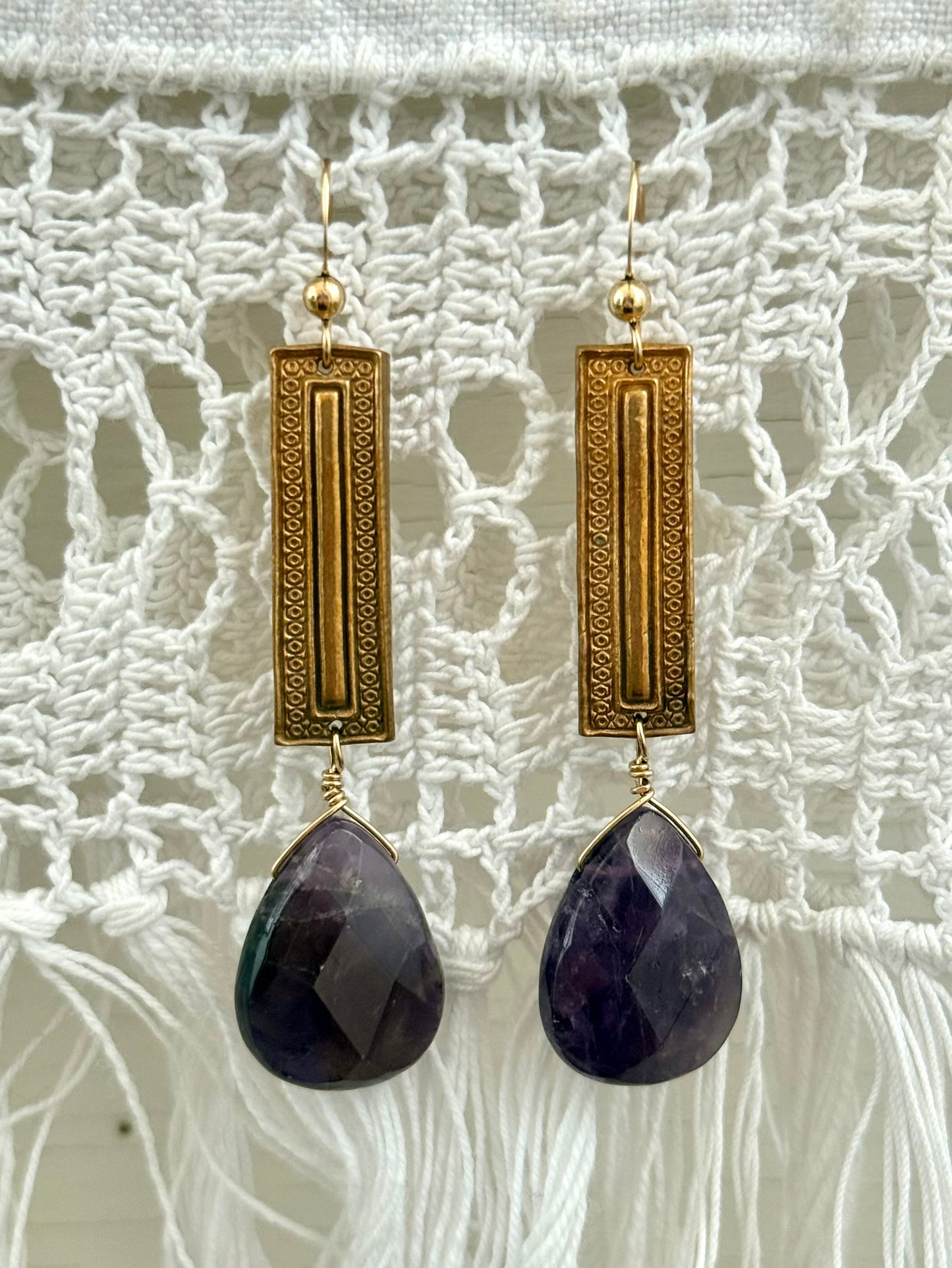 .14k gold Amethyst gemstone Briolette teardrop gold plated artisan made boho drop dangle earrings