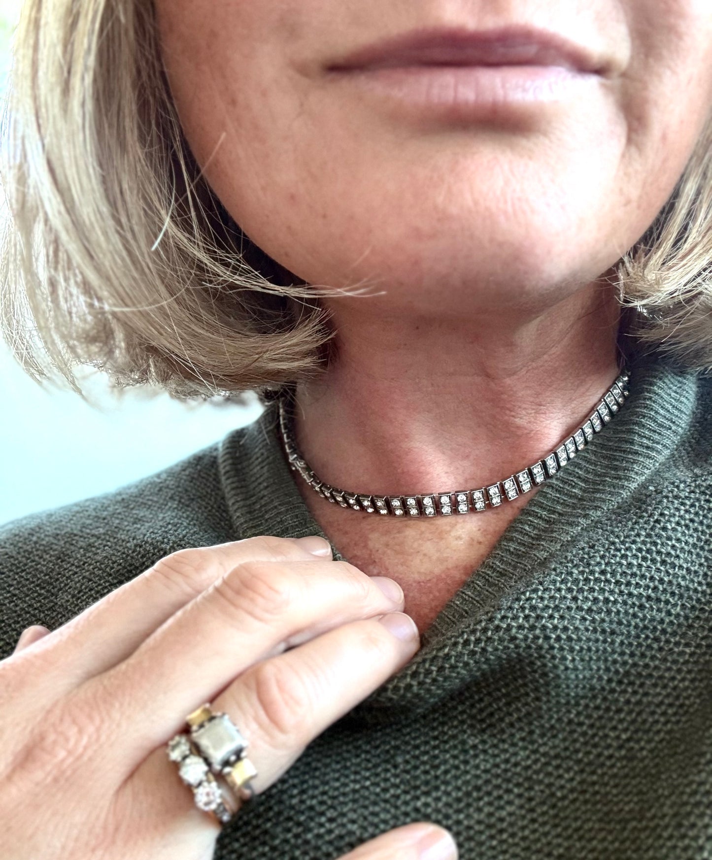 .1930s .1940s .925 Art Deco style double paste stone tennis style sterling silver choker necklace