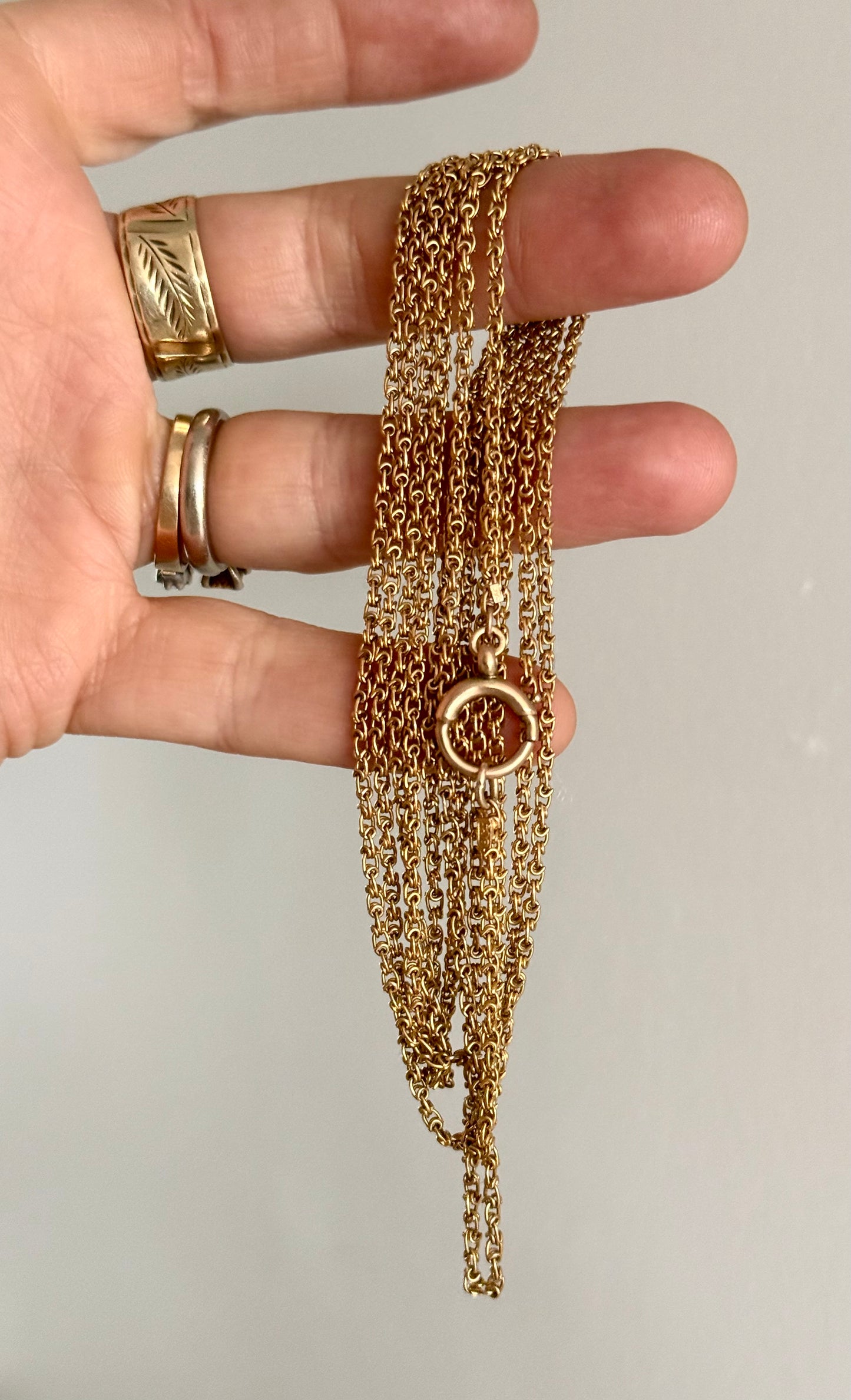 .146cm .1890s .1900s .9ct gold long antique rare and magnificent fancy link long chain guard muff chain longuard warm 9ct gold chain necklace