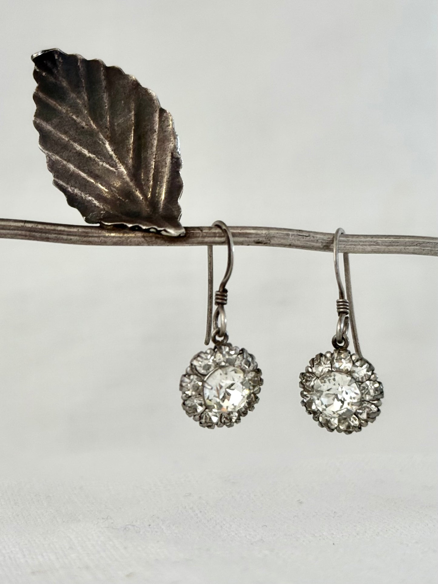 .1920s .925 antique Art Deco Edwardian diamond paste halo floret gemstone luxury sterling silver dangle earrings