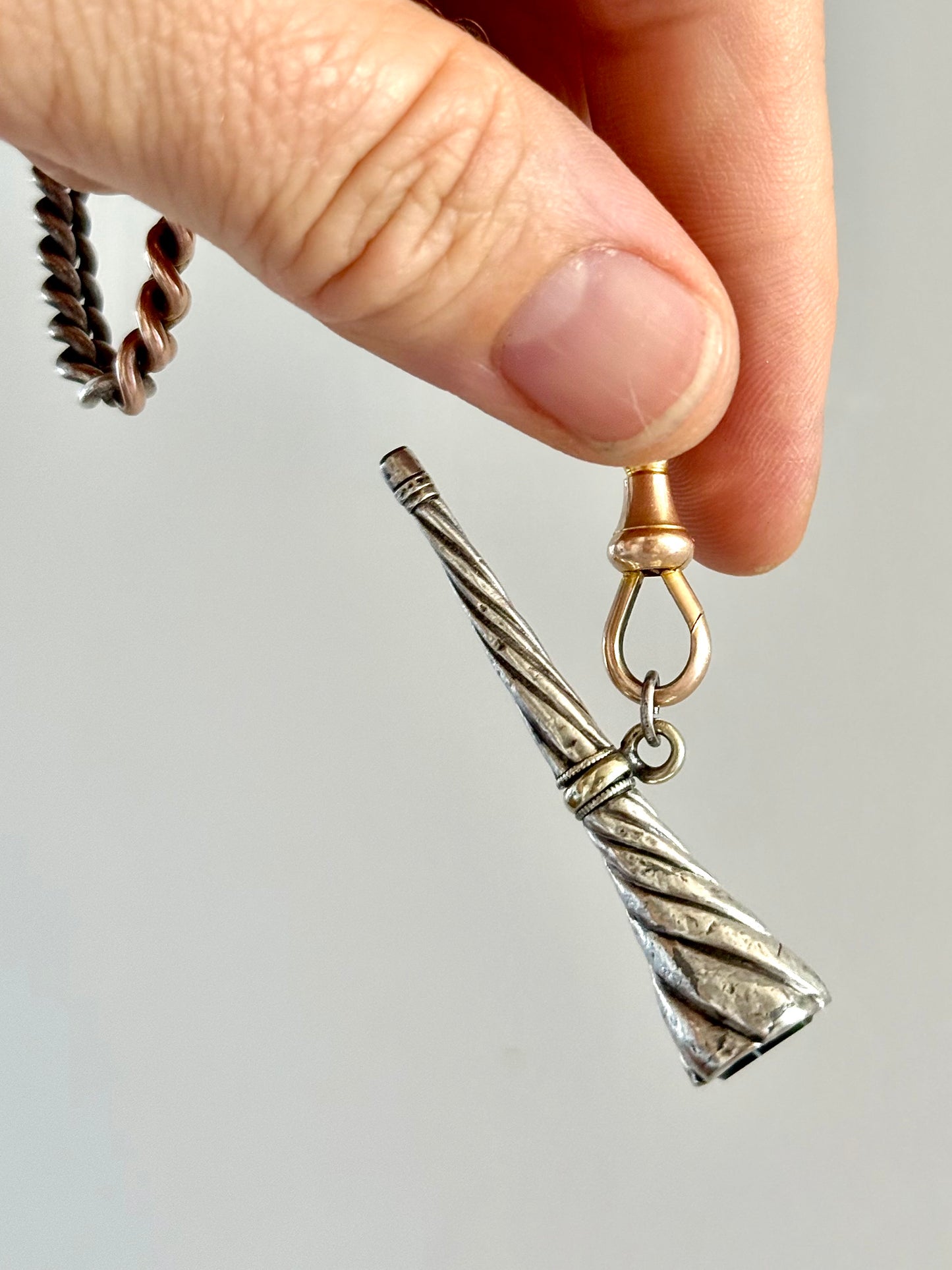 .1880s .1890s antique banded agate silver watch winder key Trumpet Shape horn of plenty Cornucopia pendant with banded Black Agate Gemstone accent