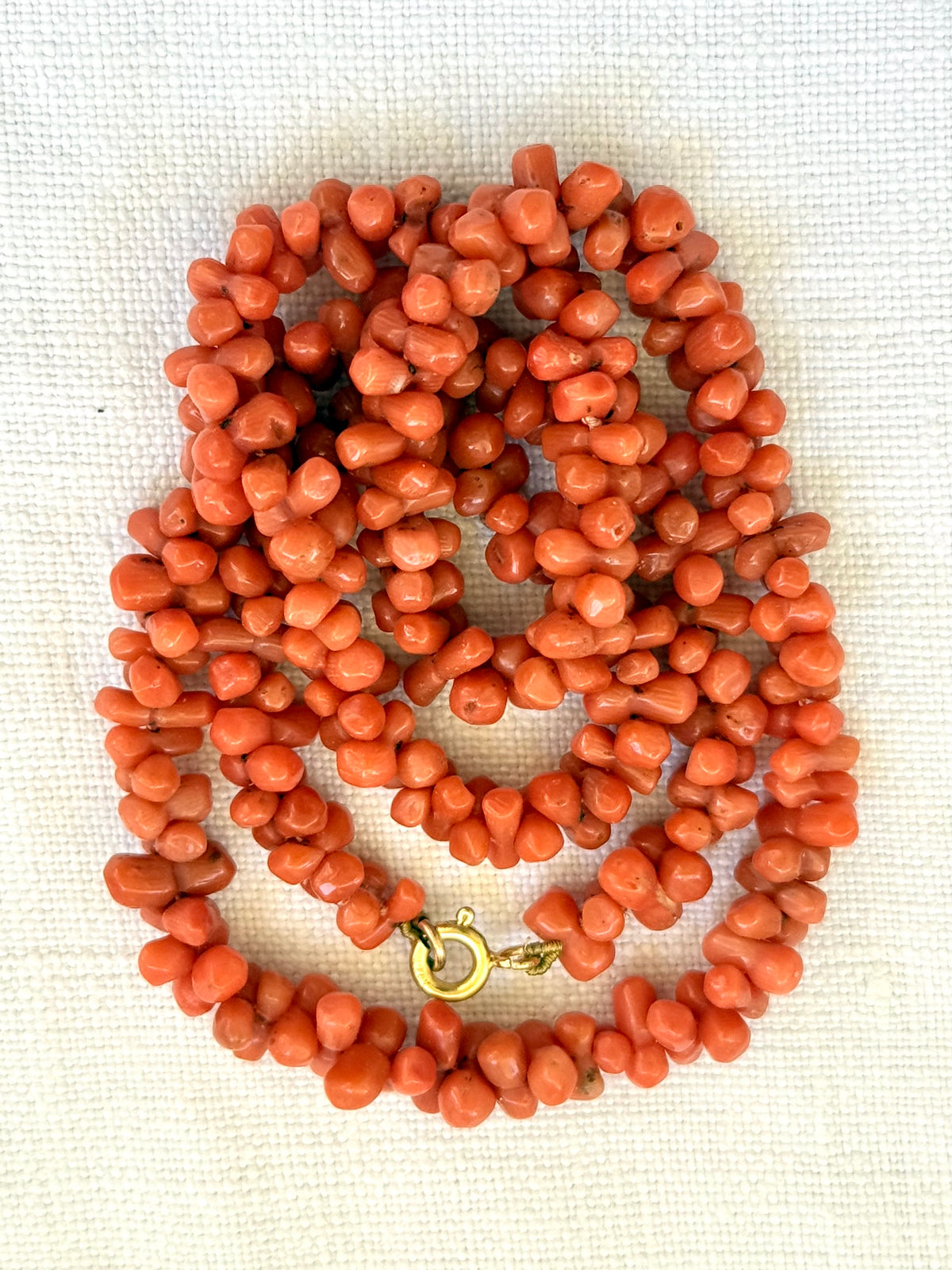 .1800s .1900s .375 .9ct gold Natural Salmon carved Coral dogbone bead Coral treasured heirloom necklace
