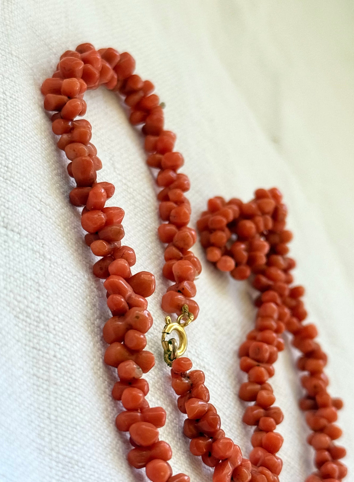 .1800s .1900s .375 .9ct gold Natural Salmon carved Coral dogbone bead Coral treasured heirloom necklace