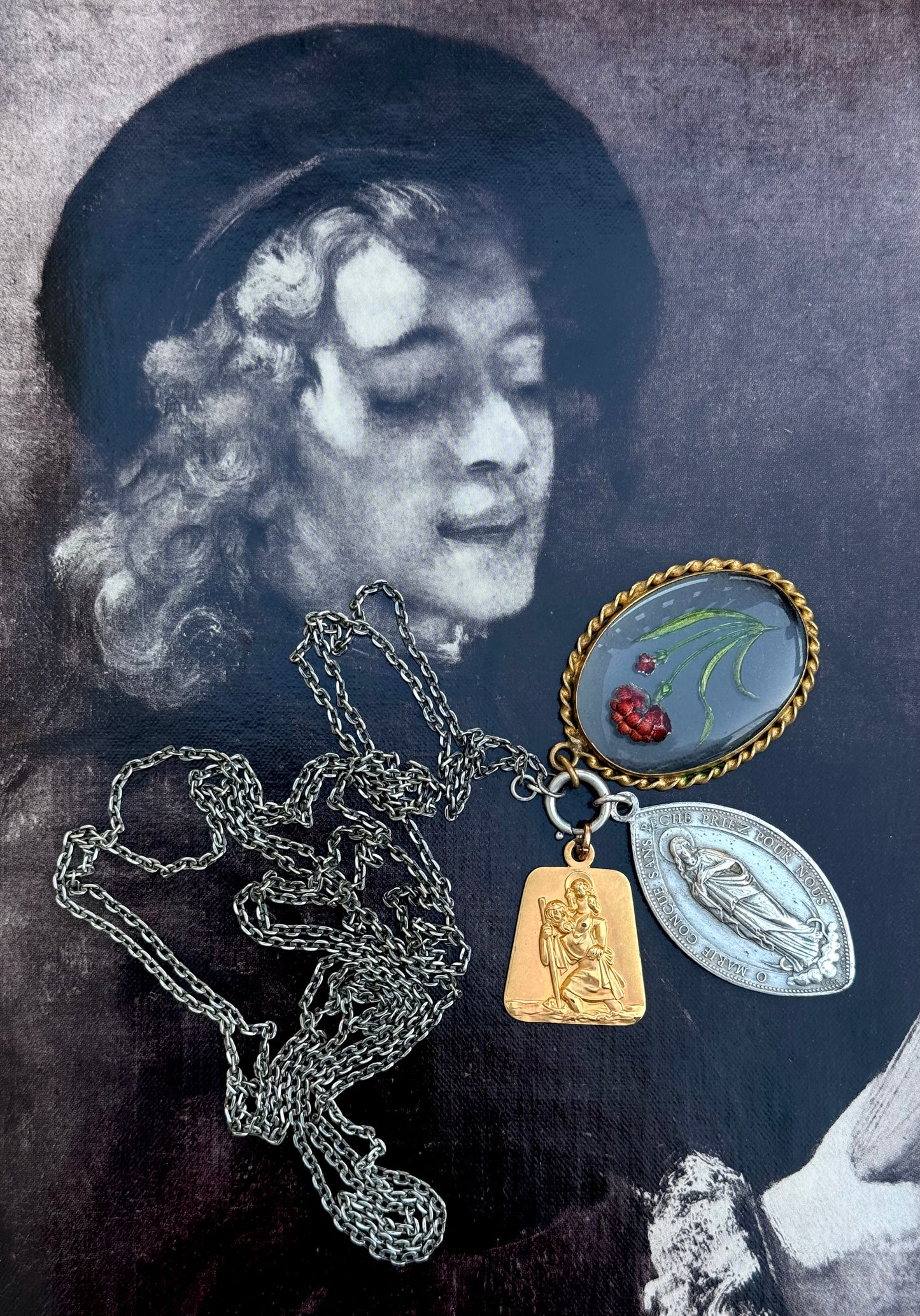 .1900s .1920s antique artisan reverse glass Carnation flower hand painted floral glass cabochon pendant