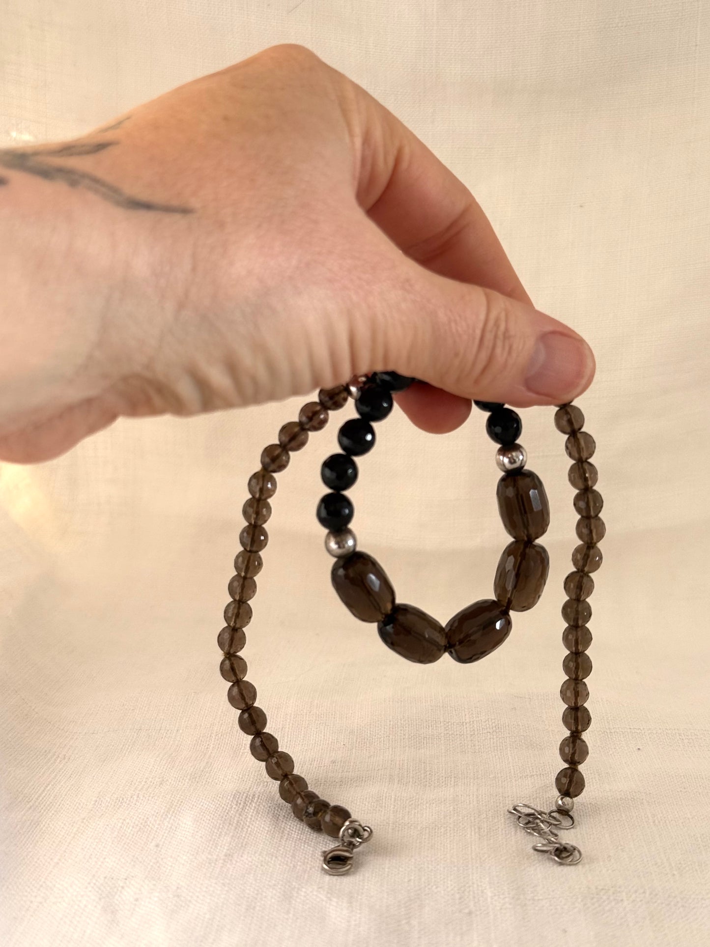 .925 Smokey Quartz and Onyx gemstone luxury Birmingham silver hallmarked faceted bead necklace