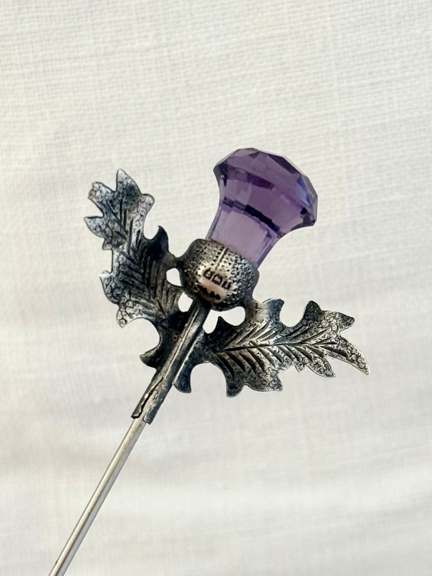 .1910 .925 antique Edwardian Scottish Thistle Amethyst paste gemstone long hatpin collectors heirloom piece