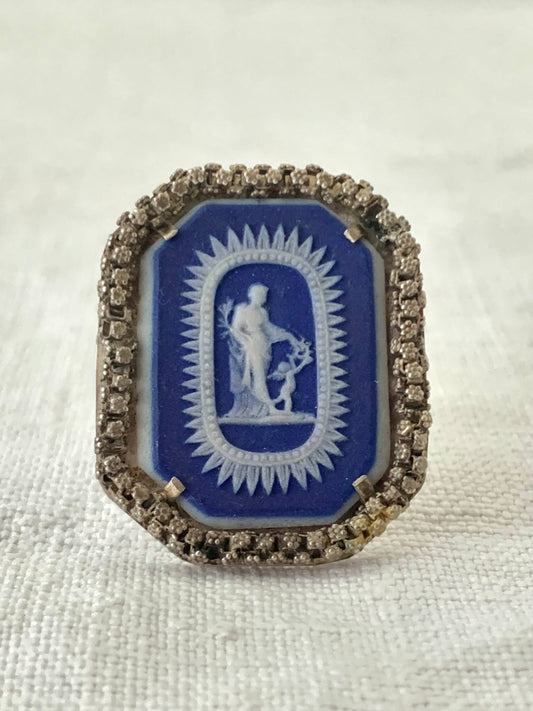 .925 1881 antique Victorian rare blue Wedgwood designer Jasperware Venus and Cupid brooch.