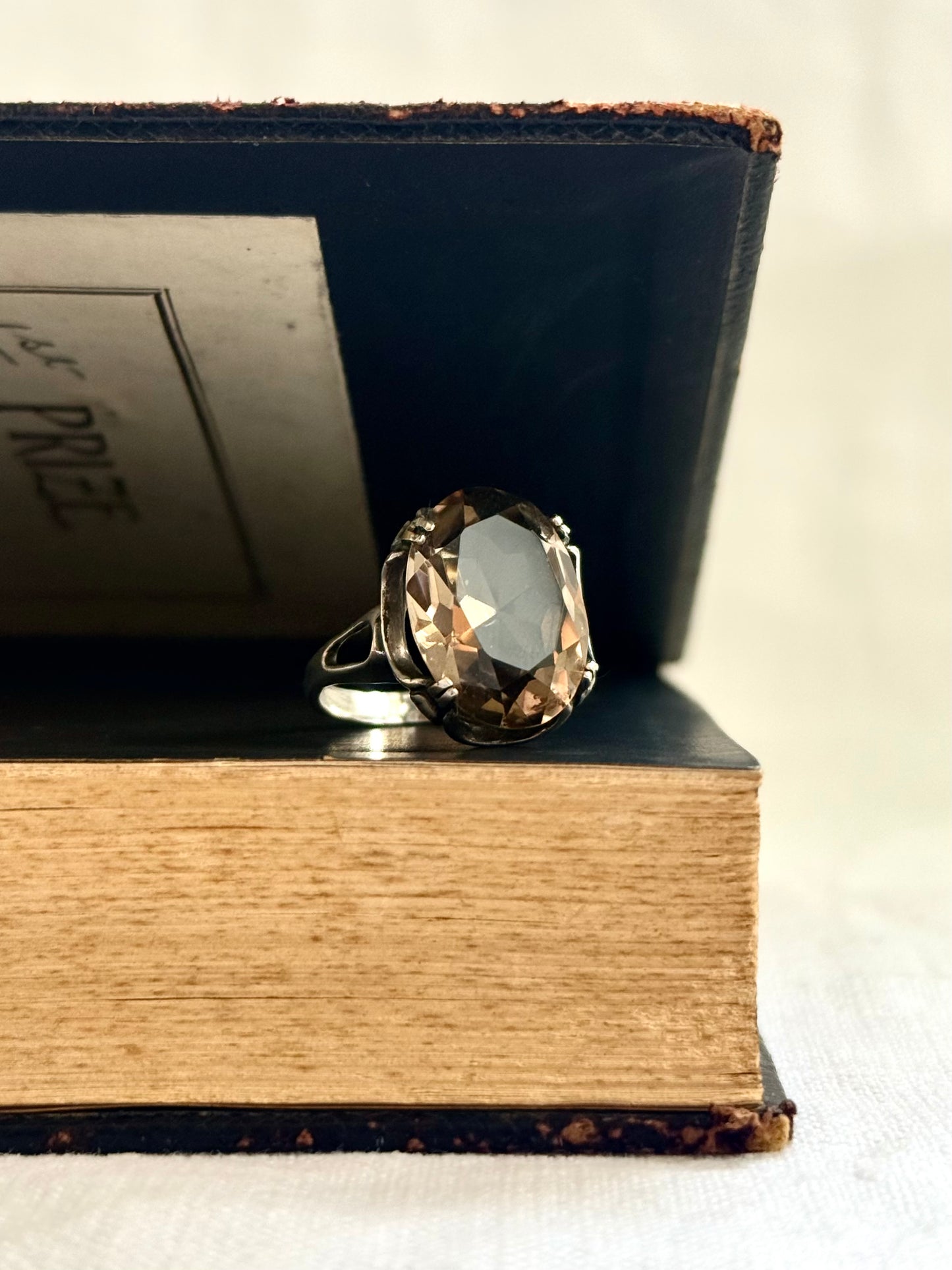 .1960s .925 magnificent large Smoky Quartz gemstone Mid Century Modern grey brown moody faceted gemstone retro Modernist sterling silver cocktail ring