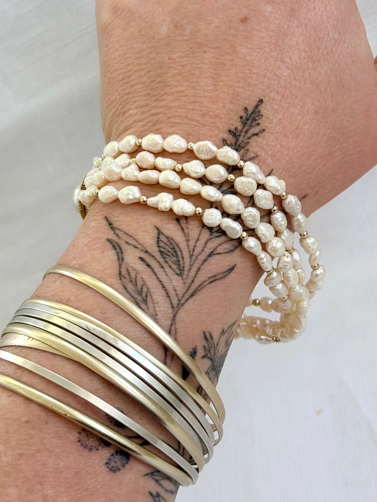 .4 strand .925 silver Gold Plated freshwater rice pearl multi strand vintage 1970s style pearl bracelet