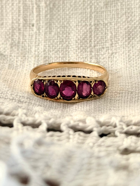 .14ct .1900s .1910s antique heirloom Pink Ruby 5 stone across Edwardian yellow gold half eternity boat ring dress ring