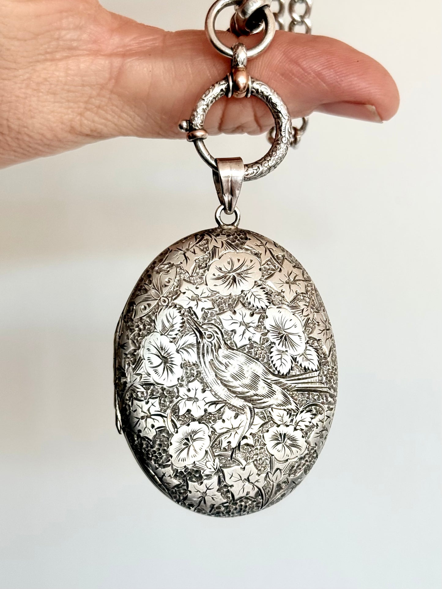 .1880s .1890s .925 large Victorian Aesthetic deep engraved Swallow and floral detailed antique French sterling silver locket