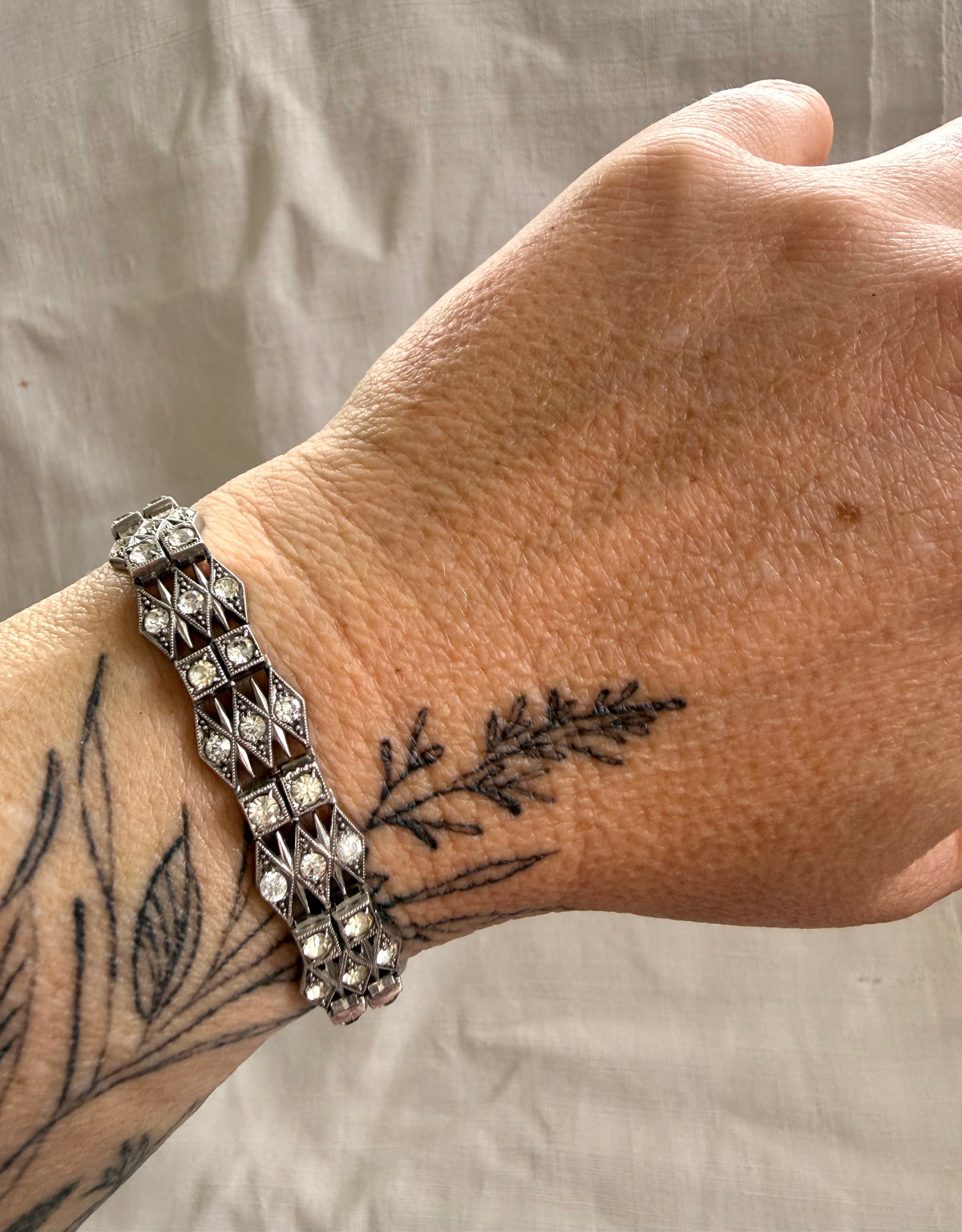 .1930s .1940s .925 Art Deco style diamond paste stone triple fancy link tennis style sterling silver tennis clasp bracelet