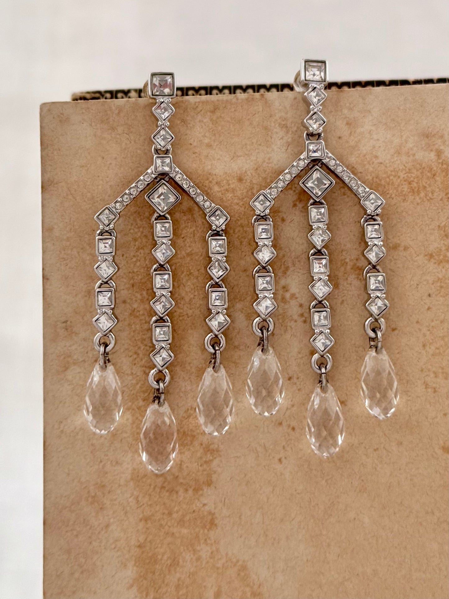 .1900s Art Deco Edwardian revival Swarovski designer crystal and rhinestone diamanté chandelier drop dangle earrings
