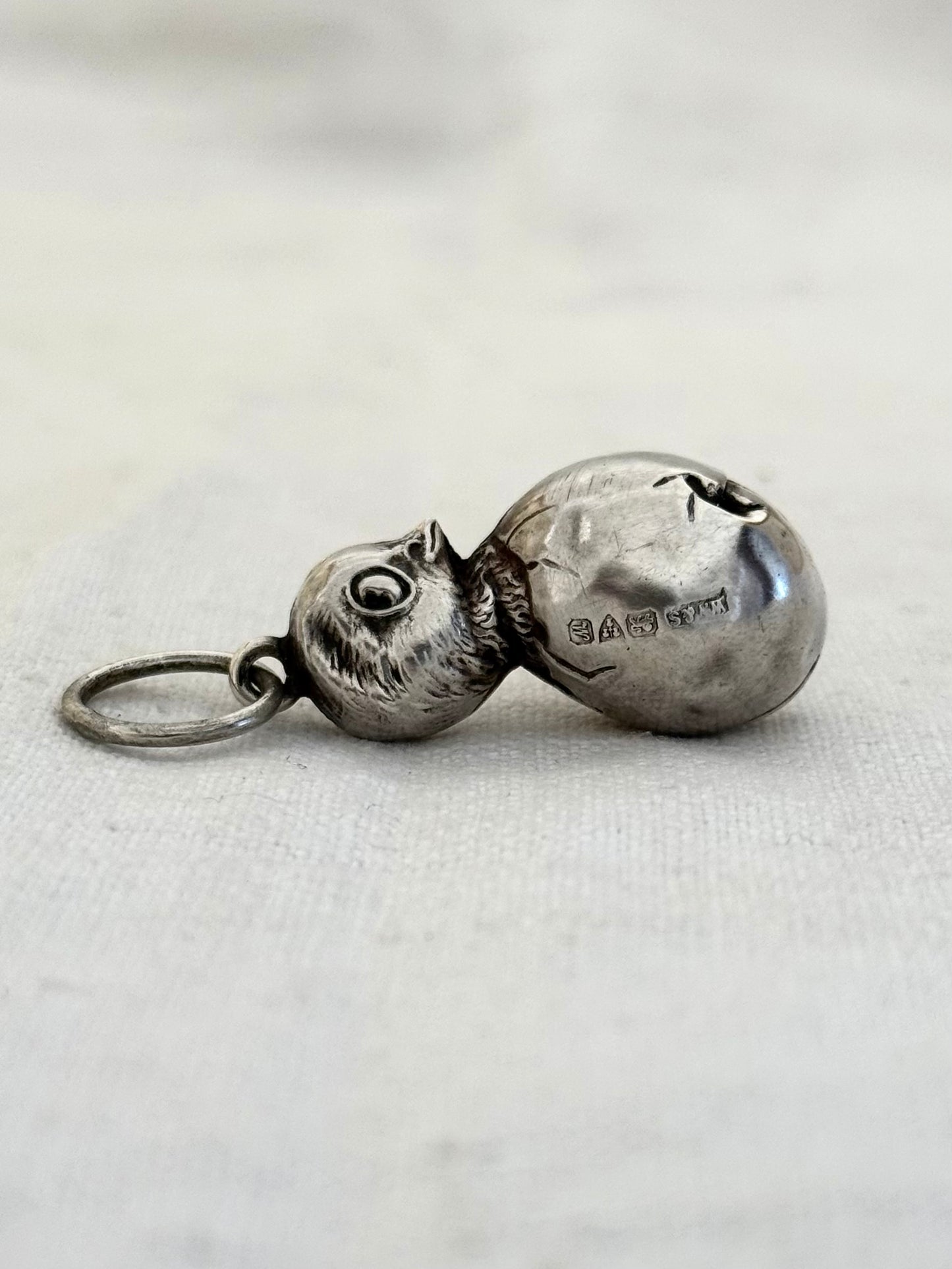 .1912 .1900 .925 Antique Novelty baby Rattle Chick and Egg Art Nouveau collectors sterling silver Chester hallmarked baby rattle pendant