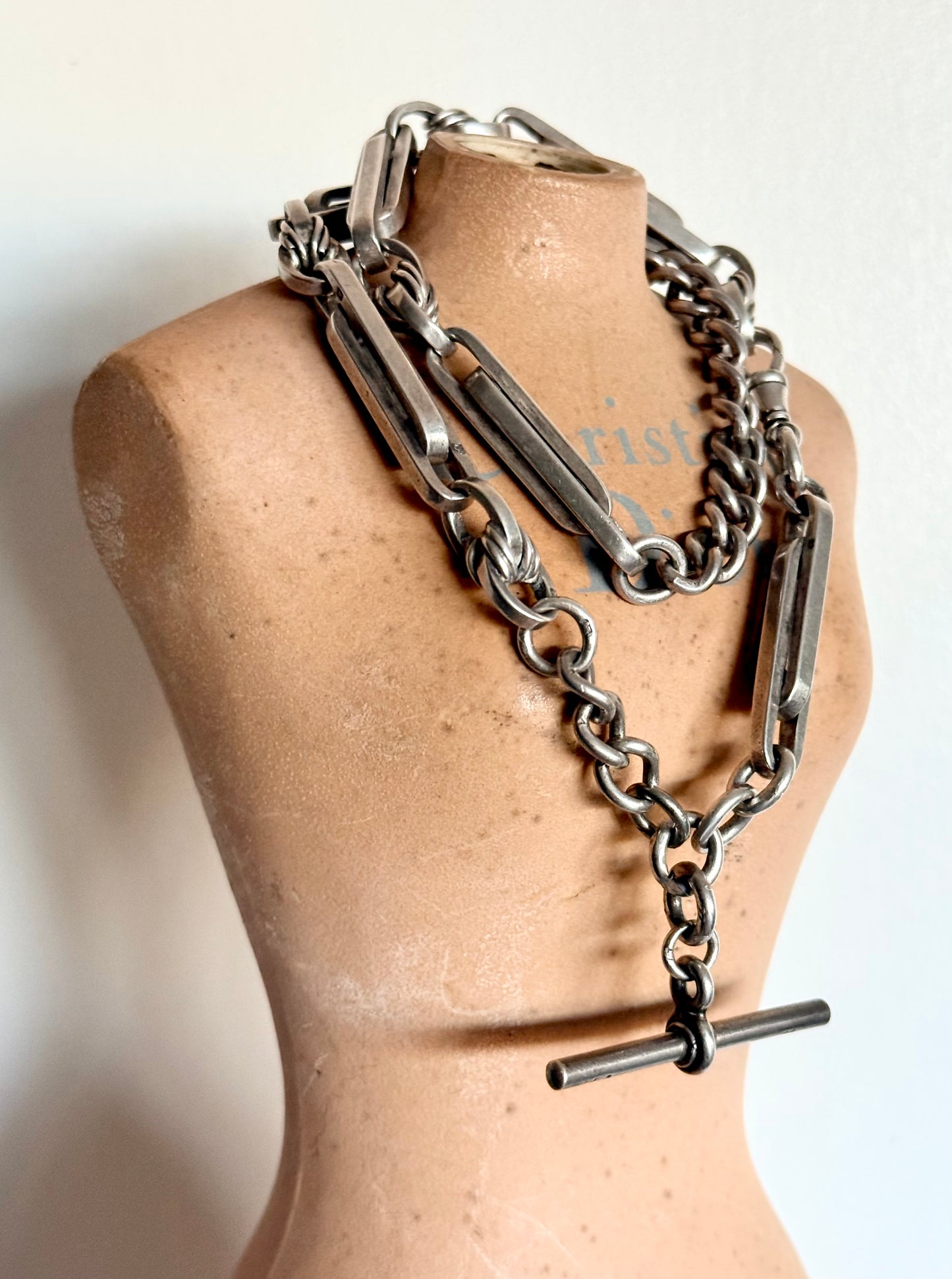 .1897 .1909 .925 antique solid chunky Albert fob chain fancy link Lovers Knot double Paper clip link Trumpet link hallmark Victorian Edwardian watch chain fob chain collectors necklace