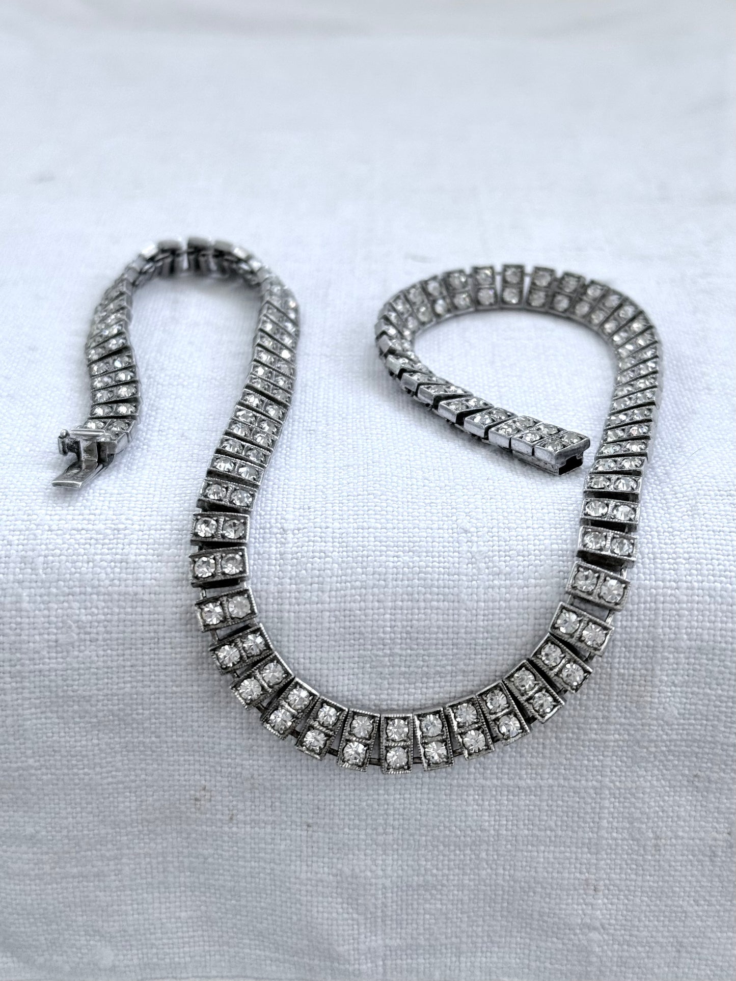 .1930s .1940s .925 Art Deco style double paste stone tennis style sterling silver choker necklace